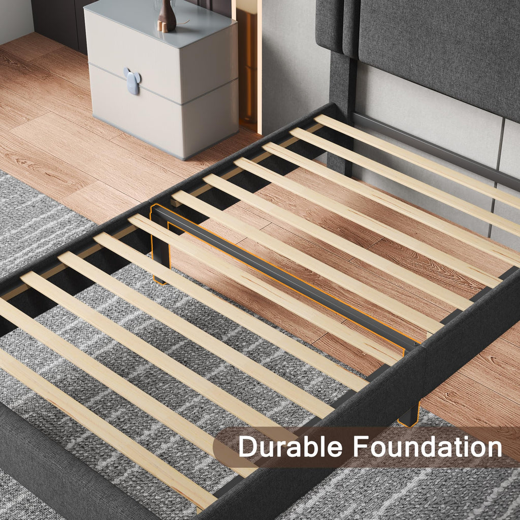 Upholstered Twin Size Bed Frame with Linen Fabric Headboard