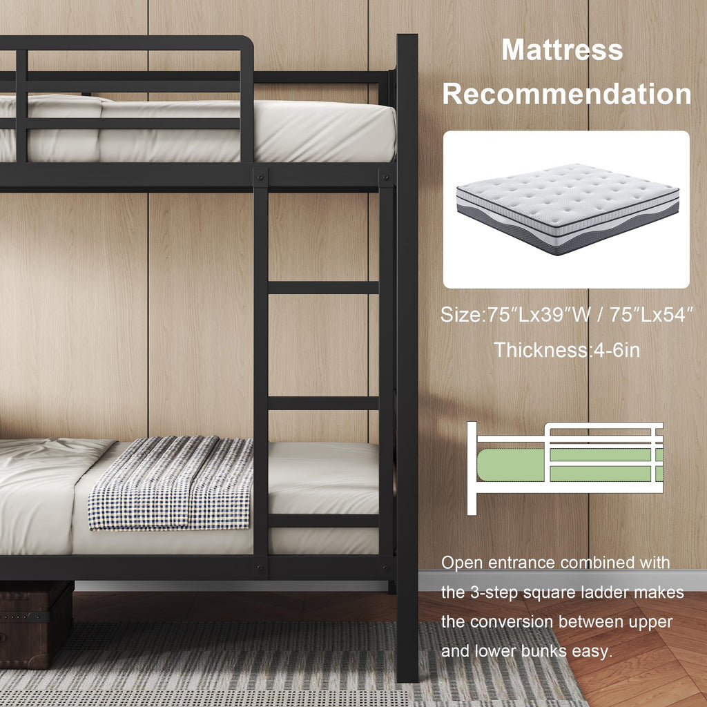 Feonase Metal Bunk Bed Twin Over Twin with Ladder and High Guardrail