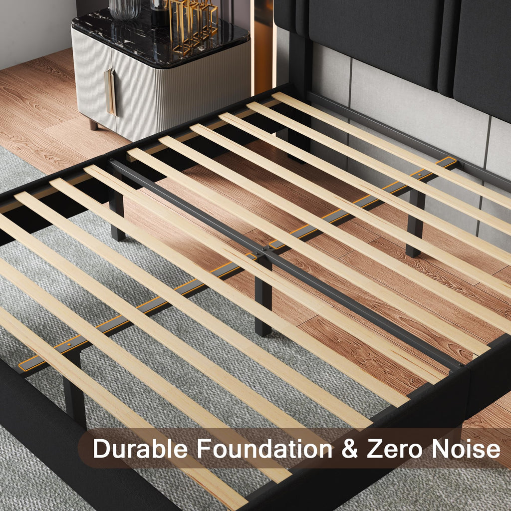 Upholstered Twin Size Bed Frame with Linen Fabric Headboard