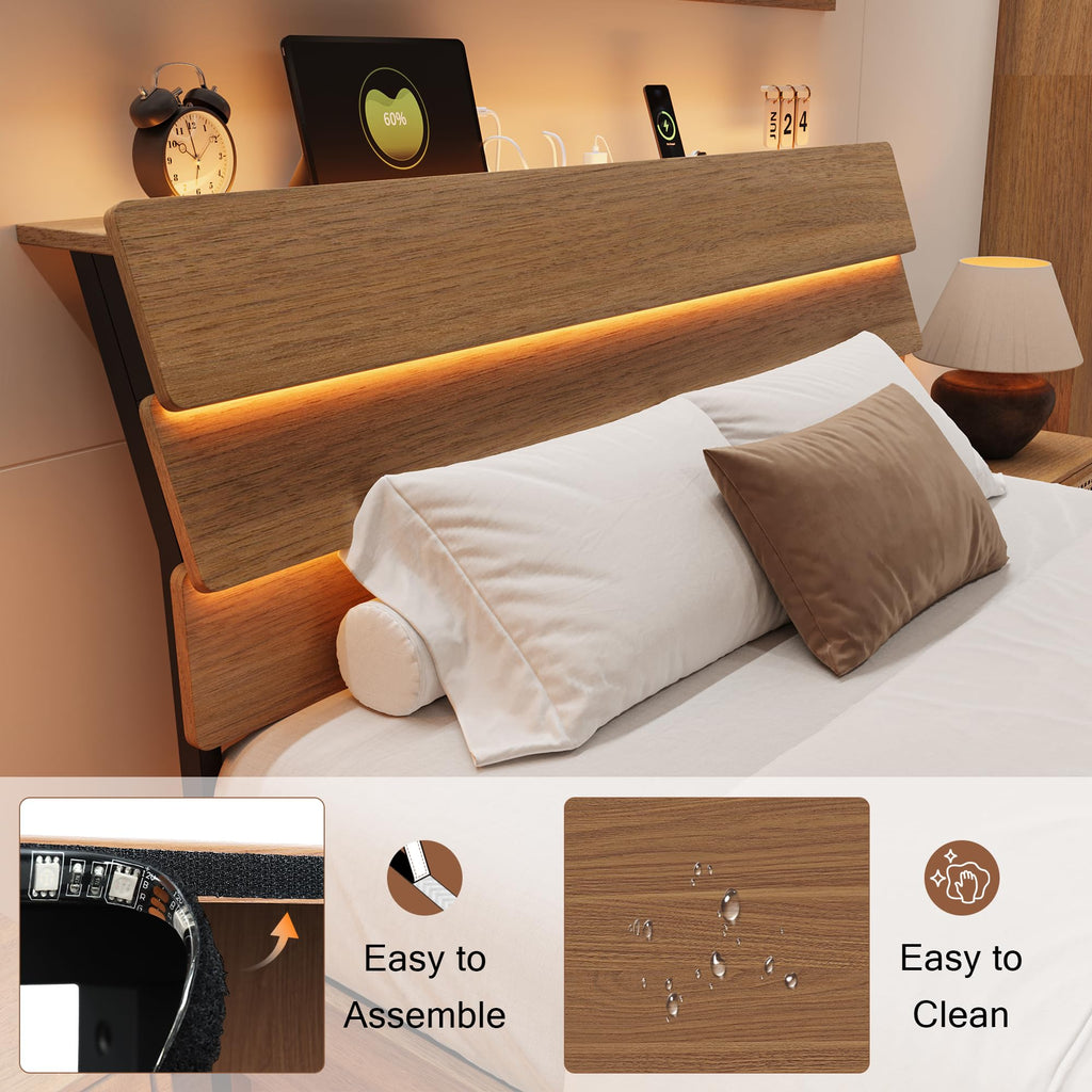 Bed Frame with Charging Station, Led Bed Frame with Wood Storage Headboard