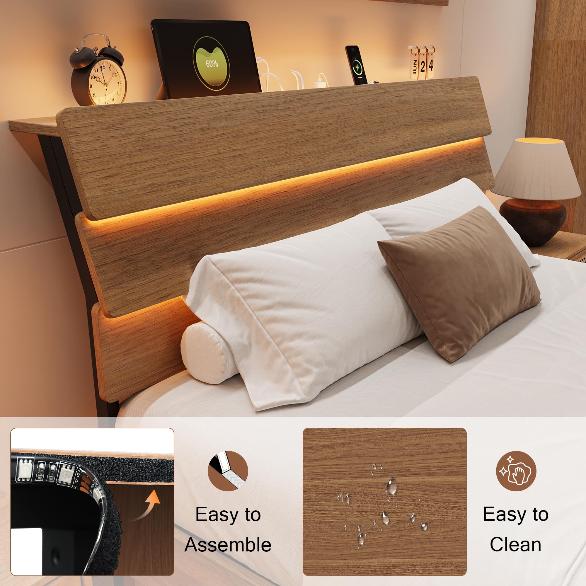 Bed Frame with Charging Station, Led Bed Frame with Wood Storage Headboard