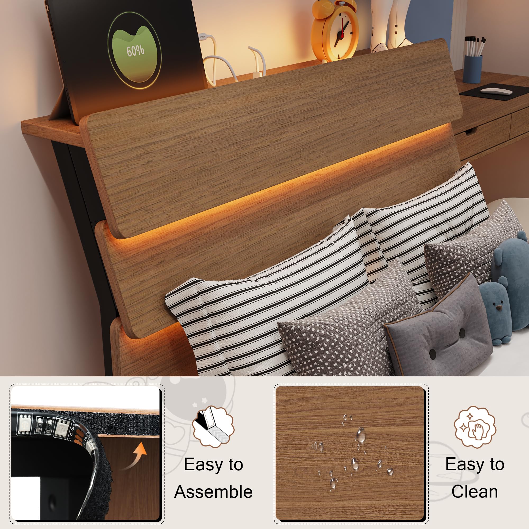 Bed Frame with Charging Station, Led Bed Frame with Wood Storage Headboard