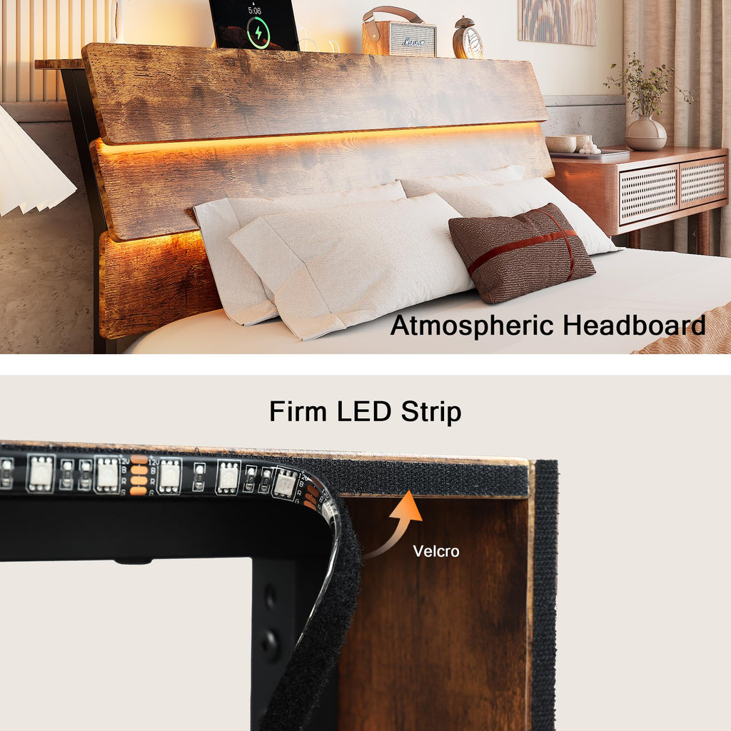 Bed Frame with Charging Station, Led Bed Frame with Wood Storage Headboard