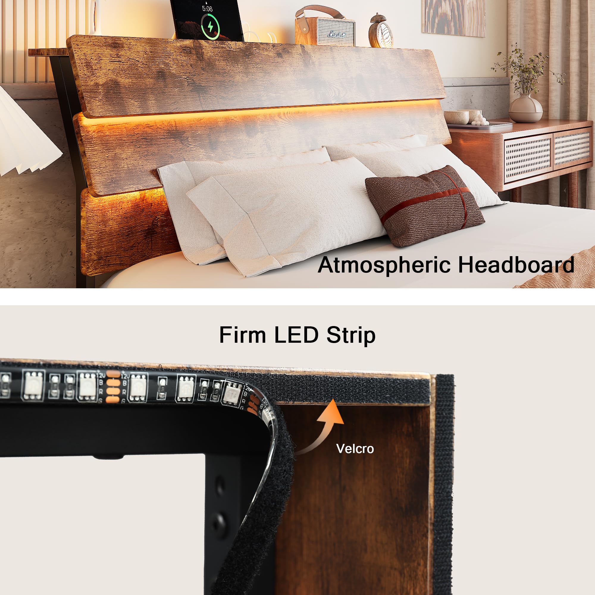 Bed Frame with Charging Station, Led Bed Frame with Wood Storage Headboard