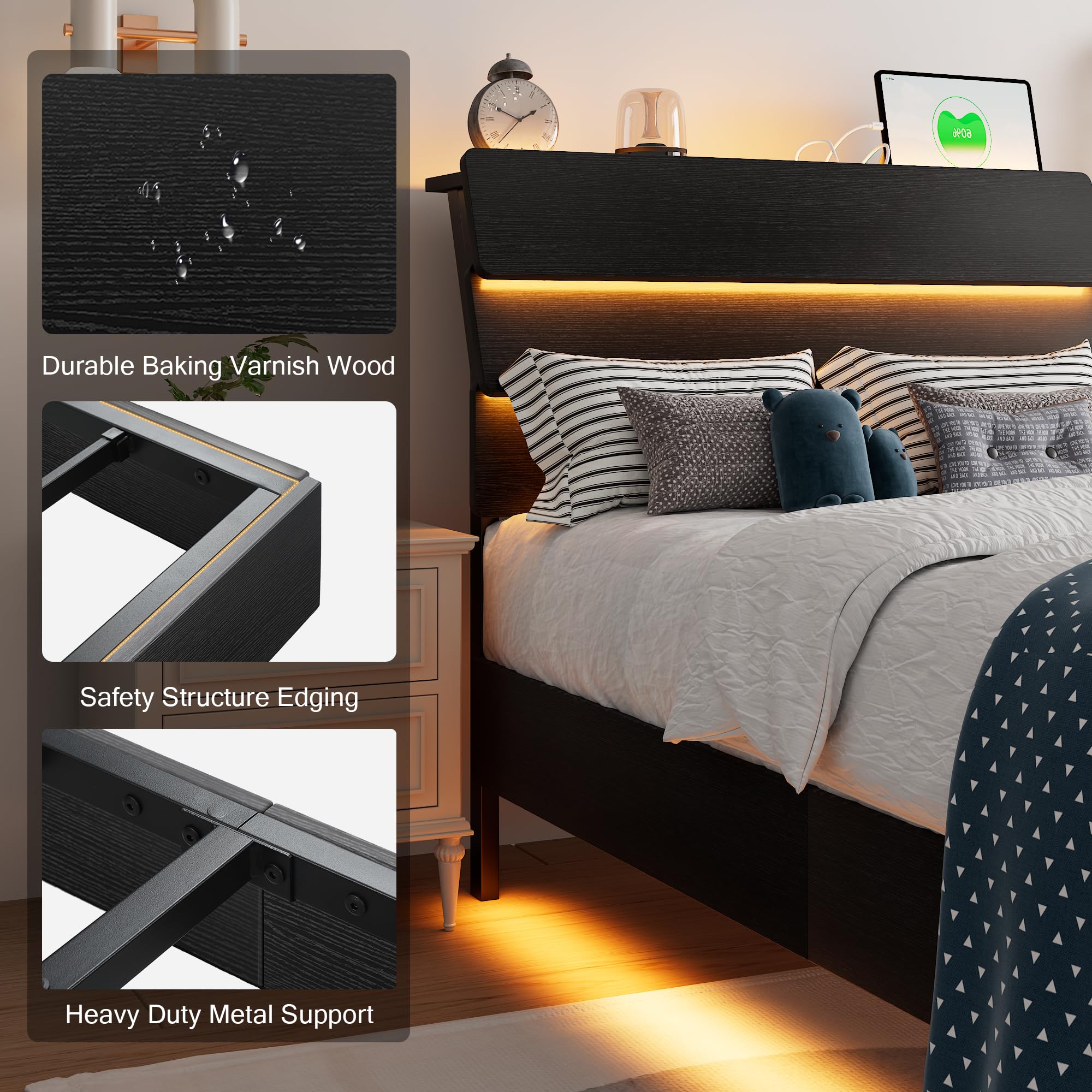Bed Frame with Charging Station, Led Bed Frame with Wood Storage Headboard