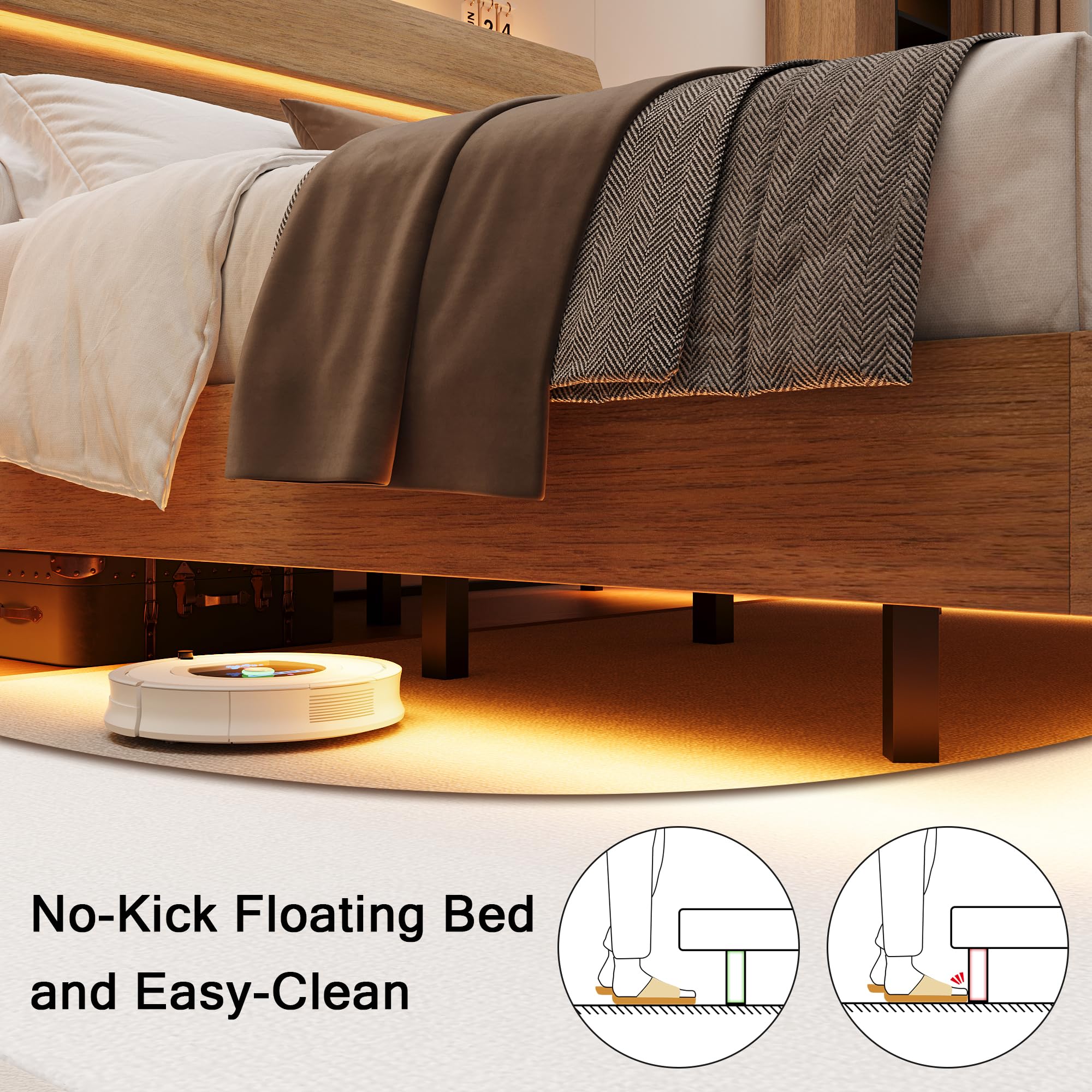 Bed Frame with Charging Station, Led Bed Frame with Wood Storage Headboard