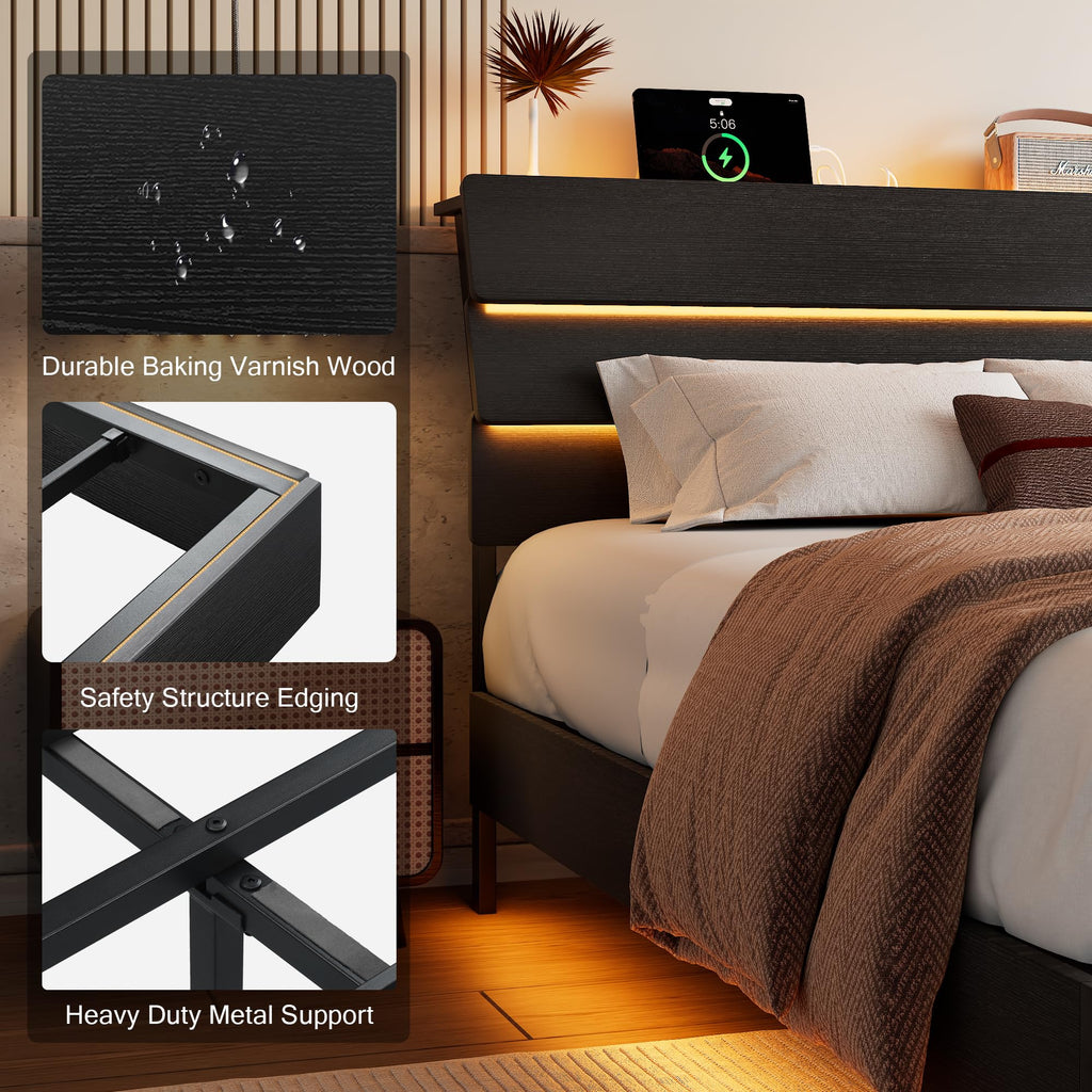 Bed Frame with Charging Station, Led Bed Frame with Wood Storage Headboard