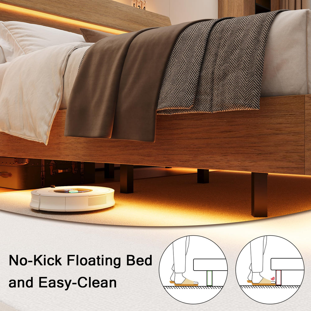 Bed Frame with Charging Station, Led Bed Frame with Wood Storage Headboard