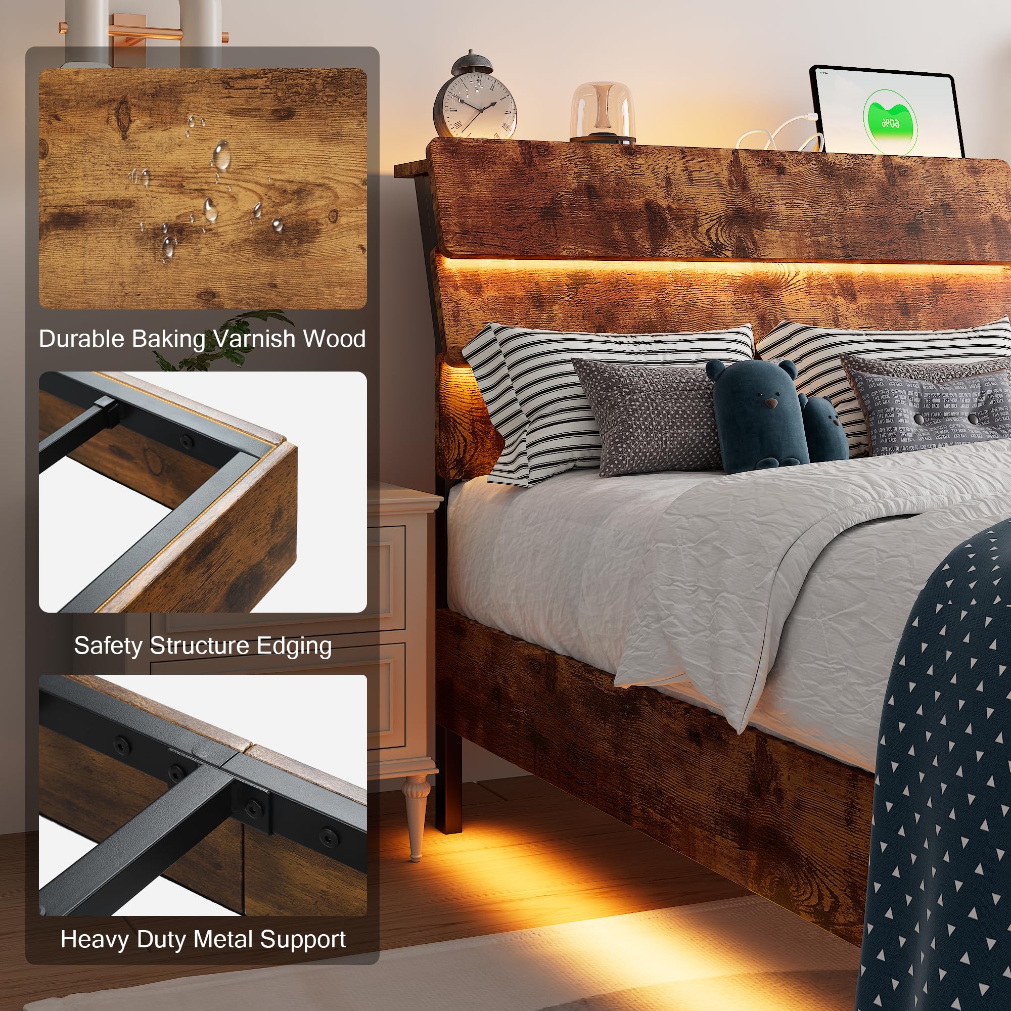 Bed Frame with Charging Station, Led Bed Frame with Wood Storage Headboard