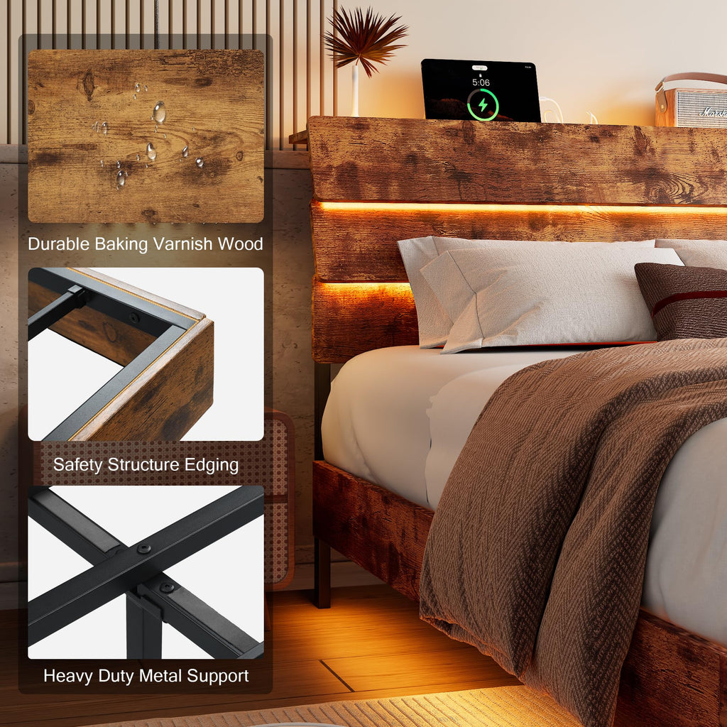 Bed Frame with Charging Station, Led Bed Frame with Wood Storage Headboard