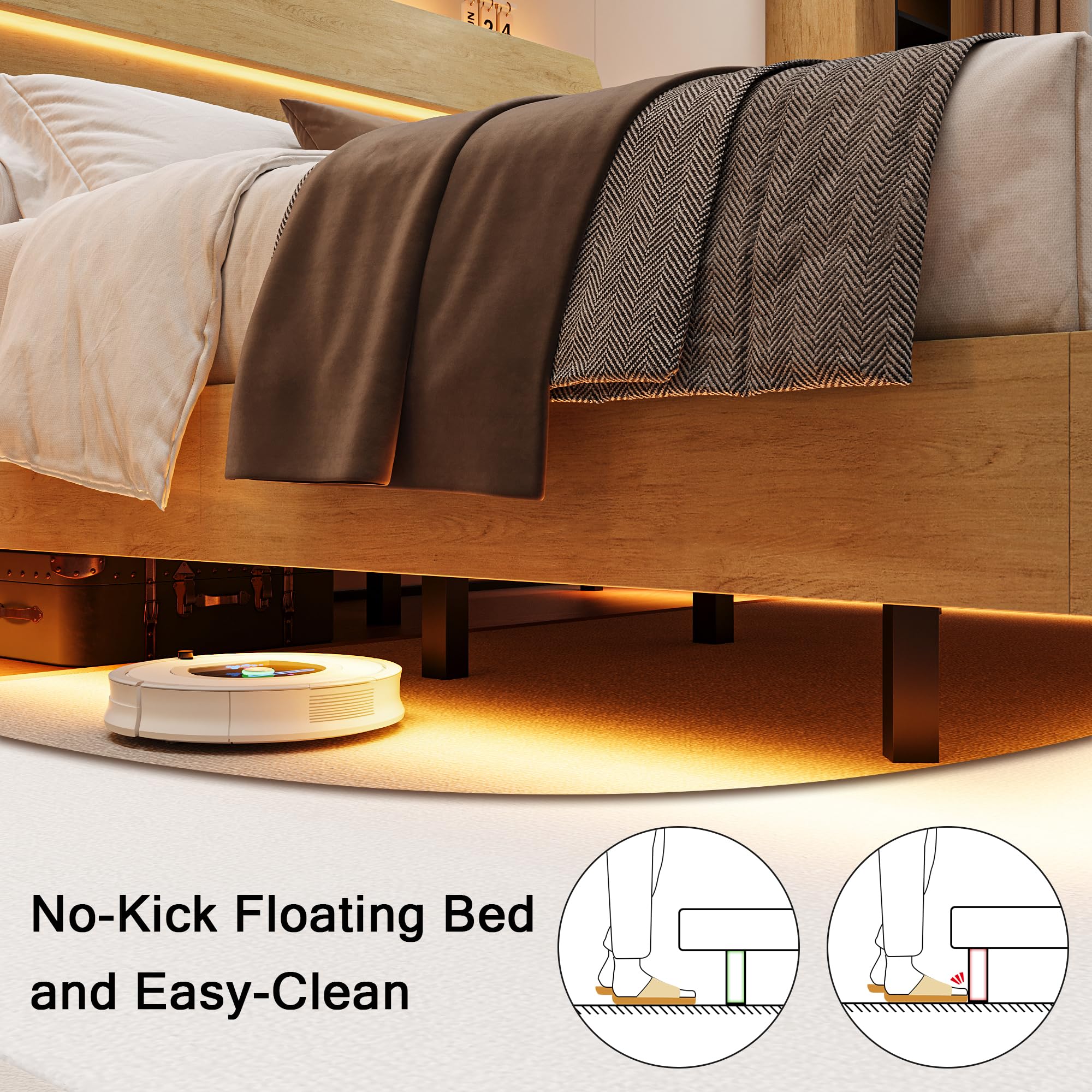 Bed Frame with Charging Station, Led Bed Frame with Wood Storage Headboard