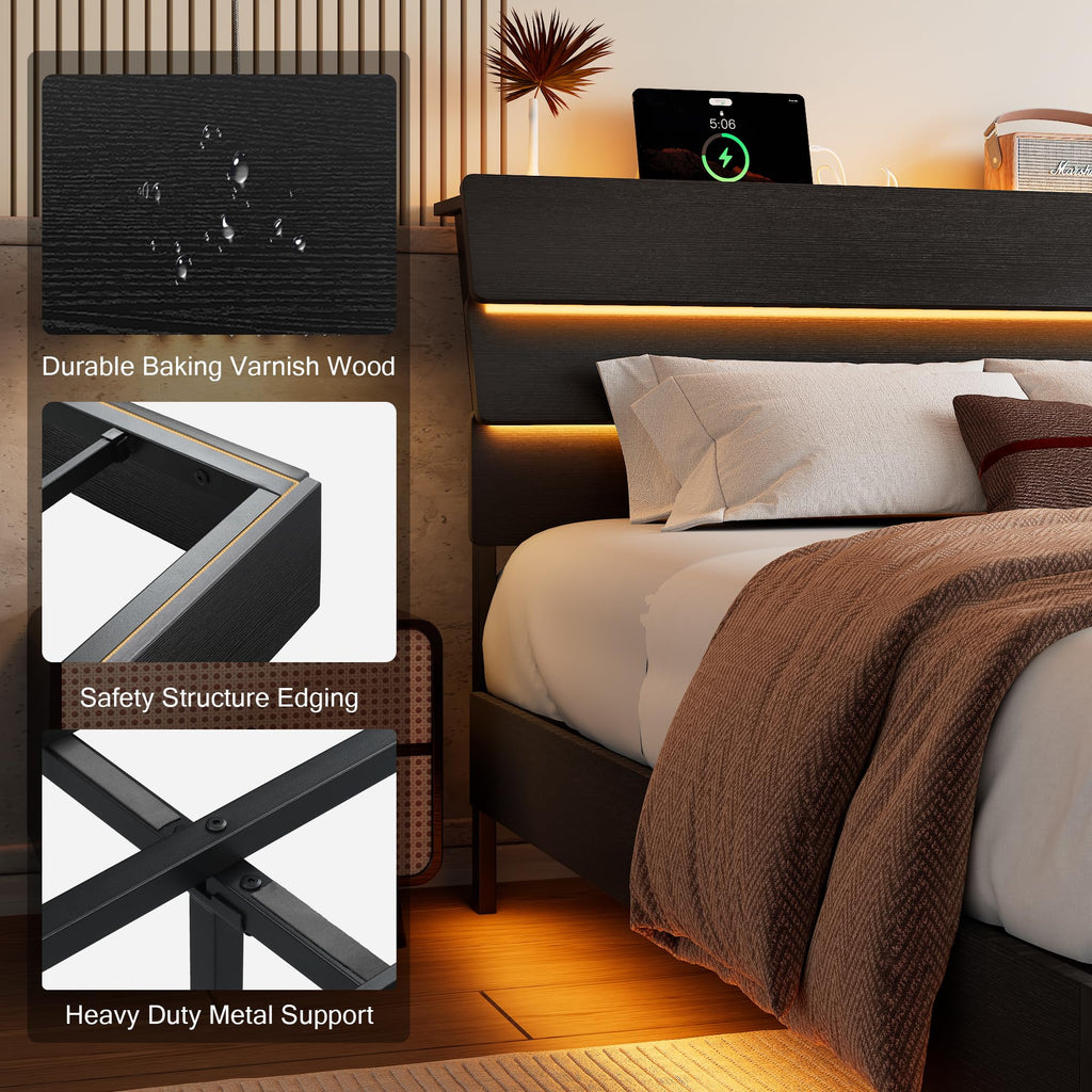 Bed Frame with Charging Station, Led Bed Frame with Wood Storage Headboard