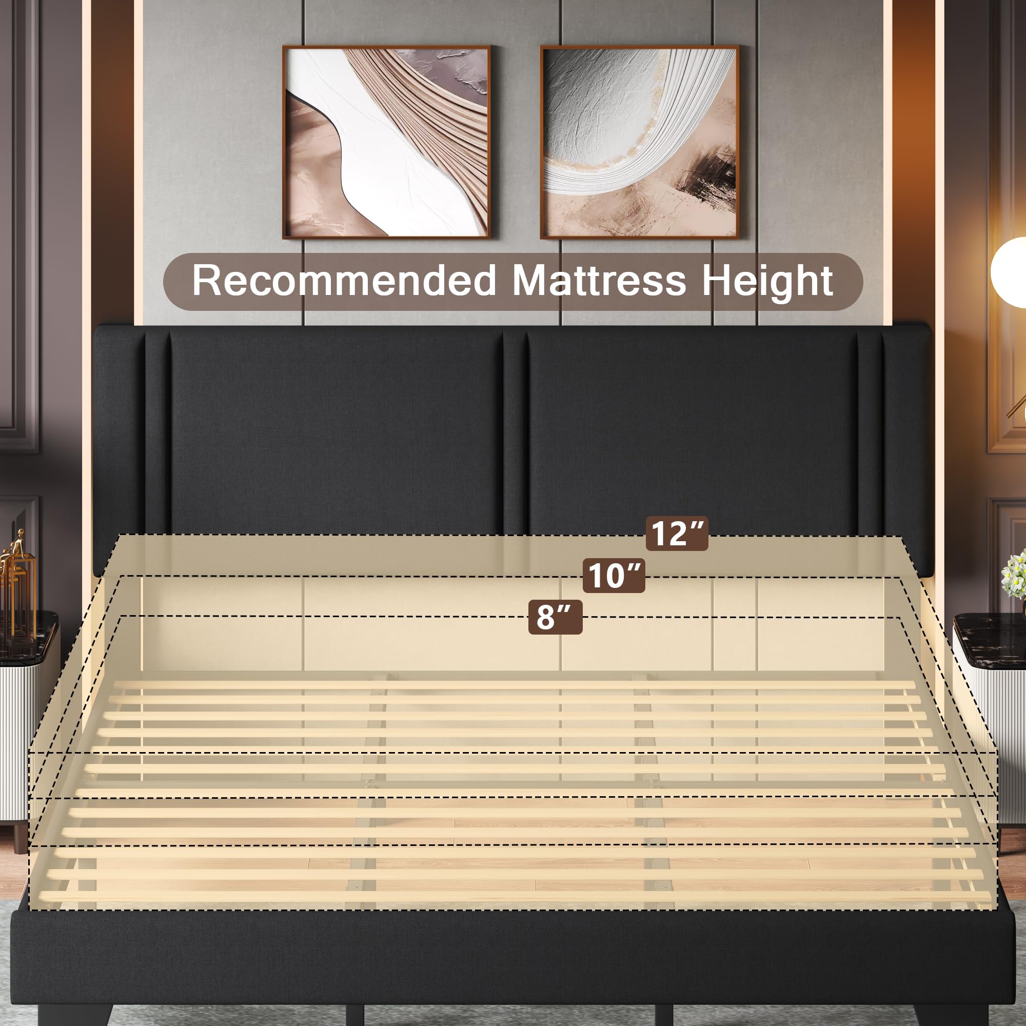 Upholstered Twin Size Bed Frame with Linen Fabric Headboard