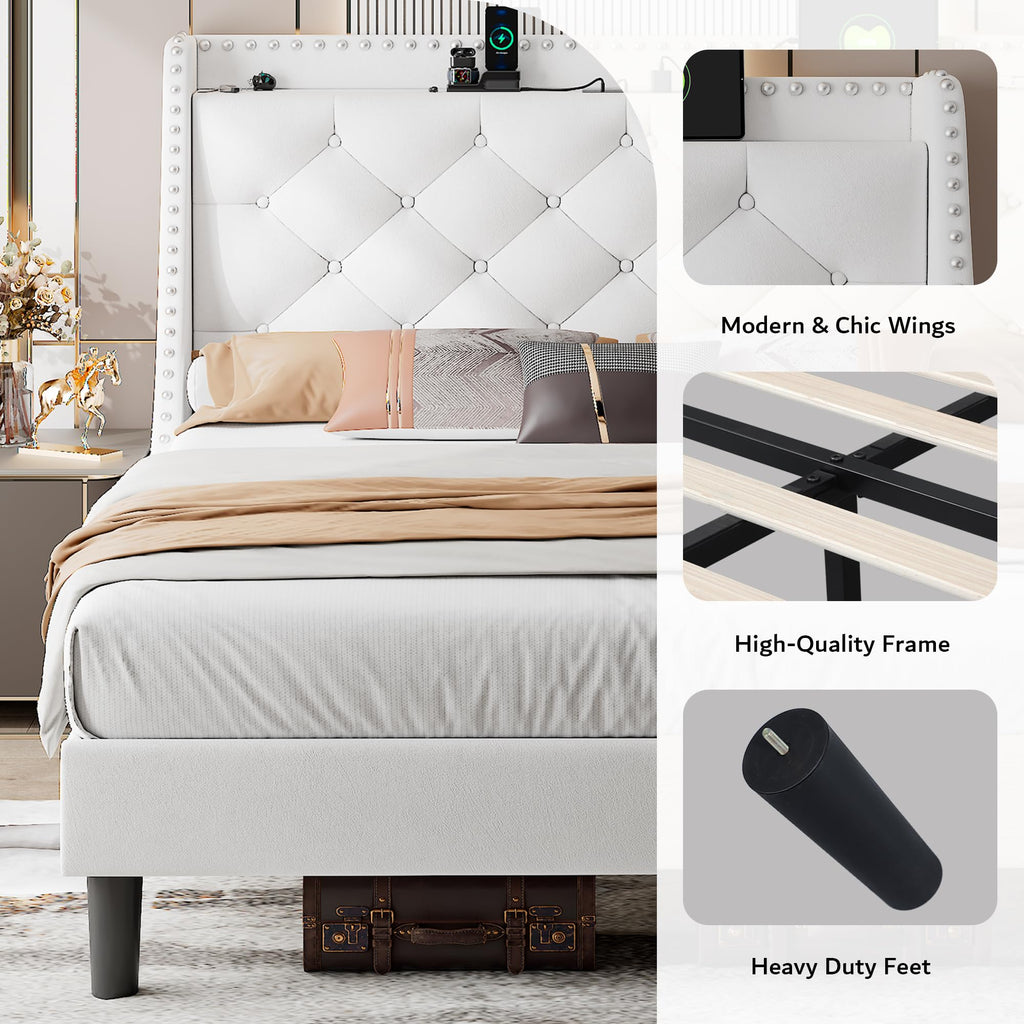 iPormis Full Bed Frame with Upholstered Wingback Button Tufted Storage Headboard