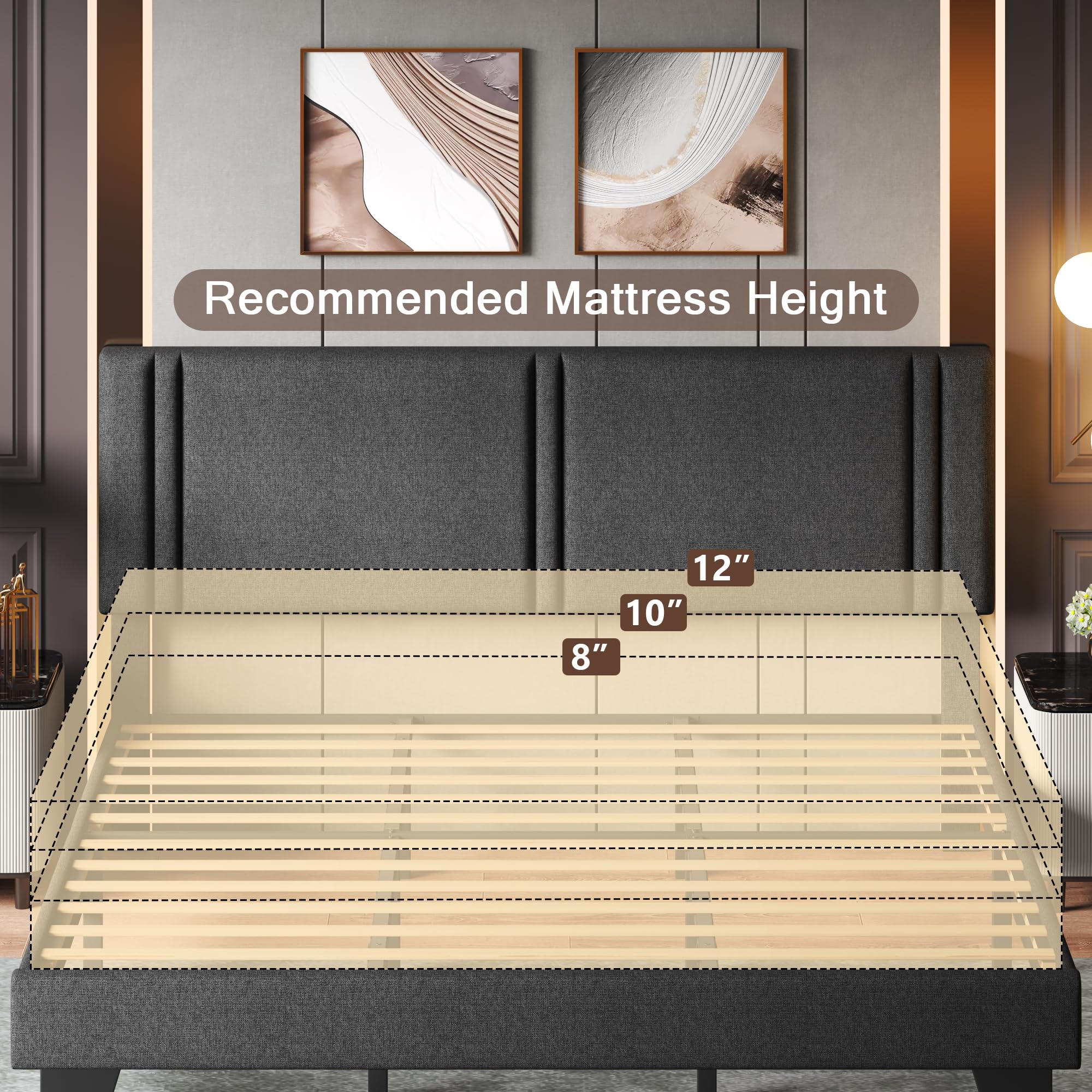 Upholstered Twin Size Bed Frame with Linen Fabric Headboard