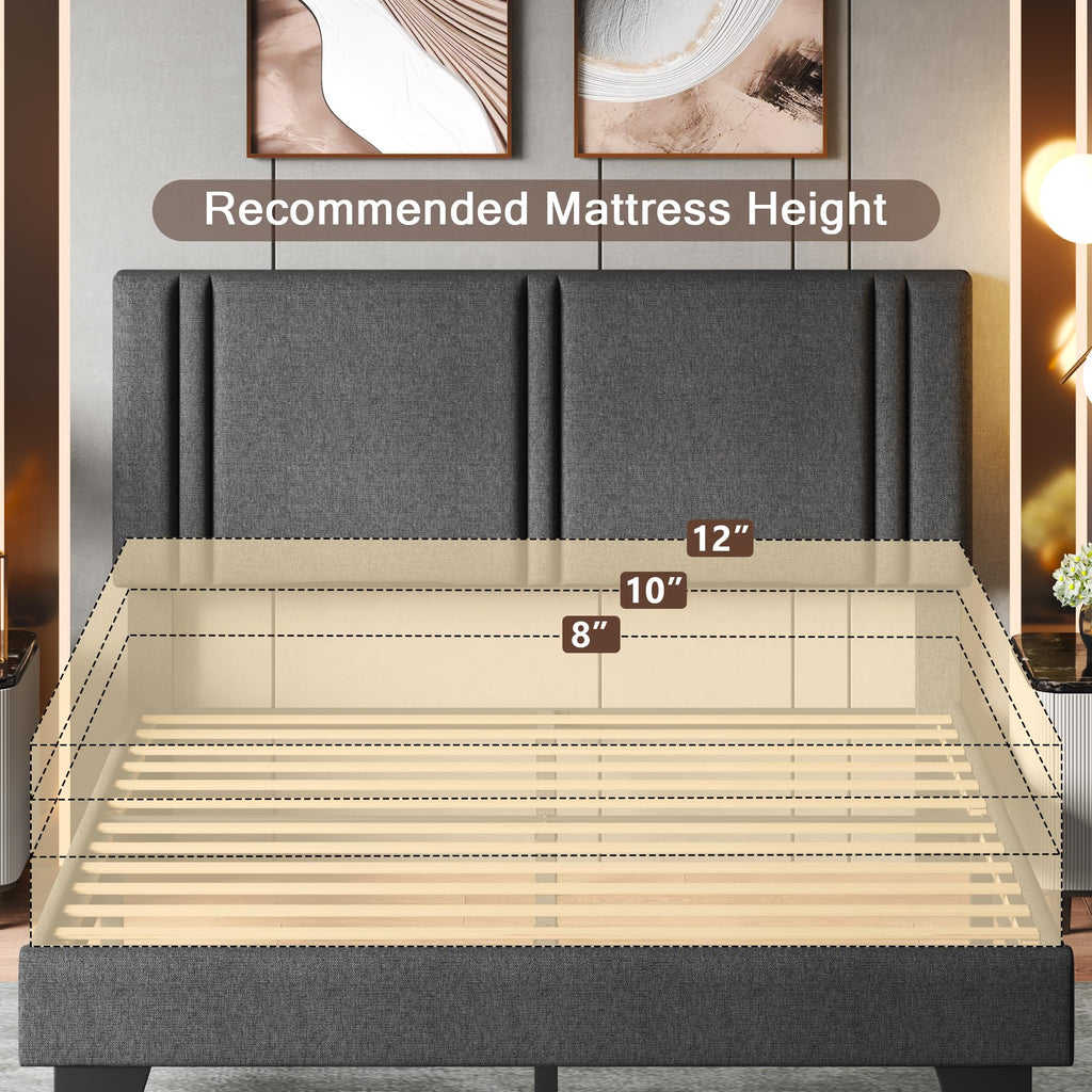 Upholstered Twin Size Bed Frame with Linen Fabric Headboard