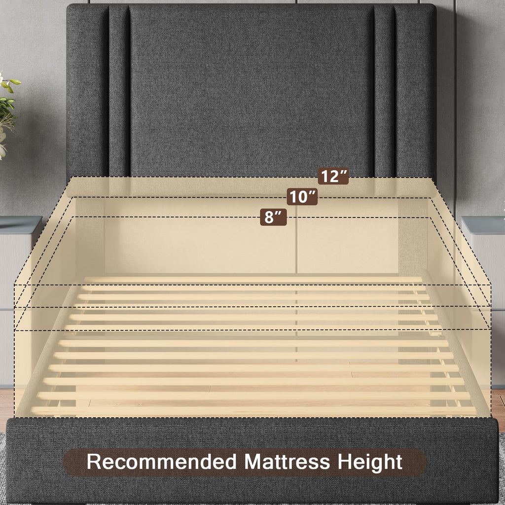 Upholstered Twin Size Bed Frame with Linen Fabric Headboard