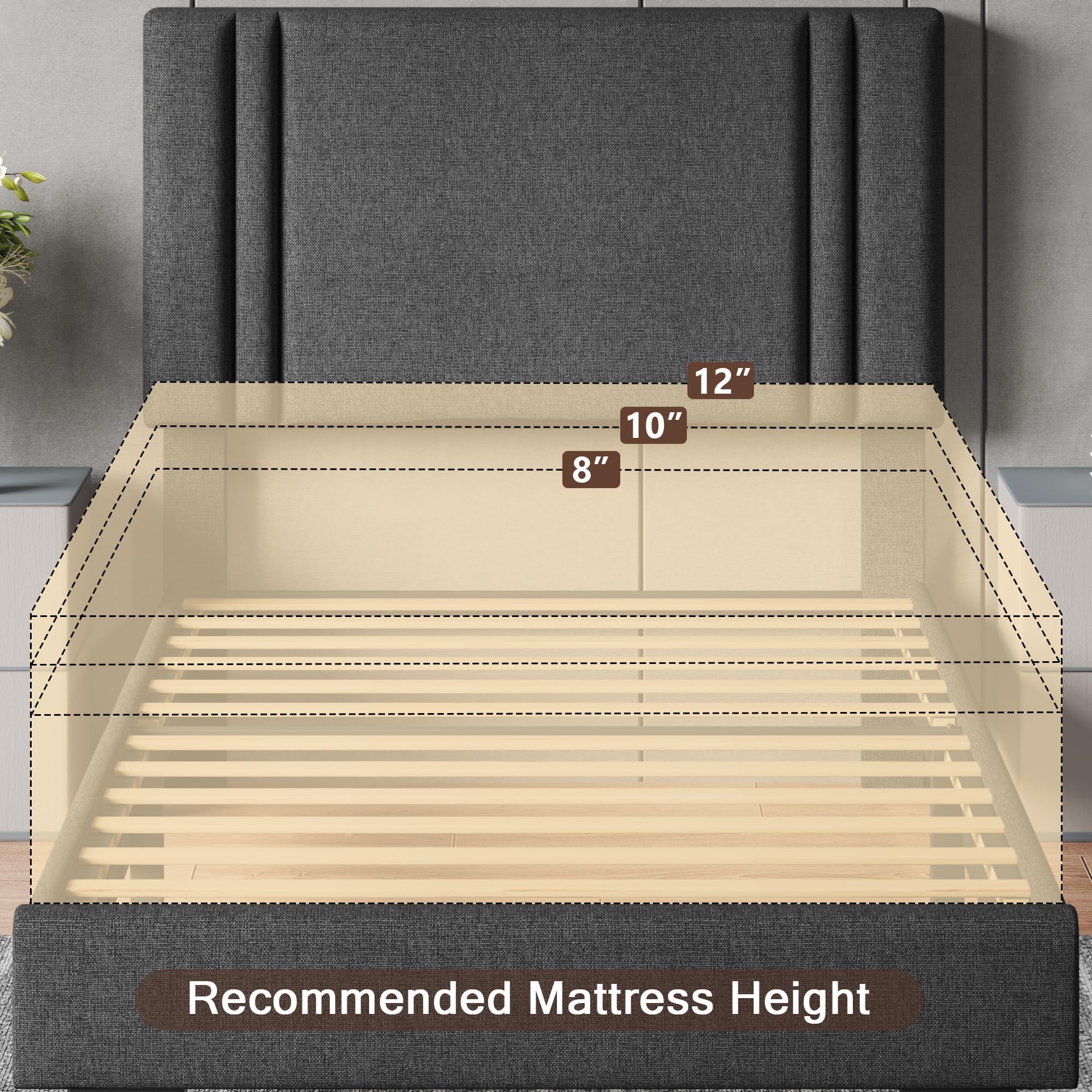 Upholstered Twin Size Bed Frame with Linen Fabric Headboard