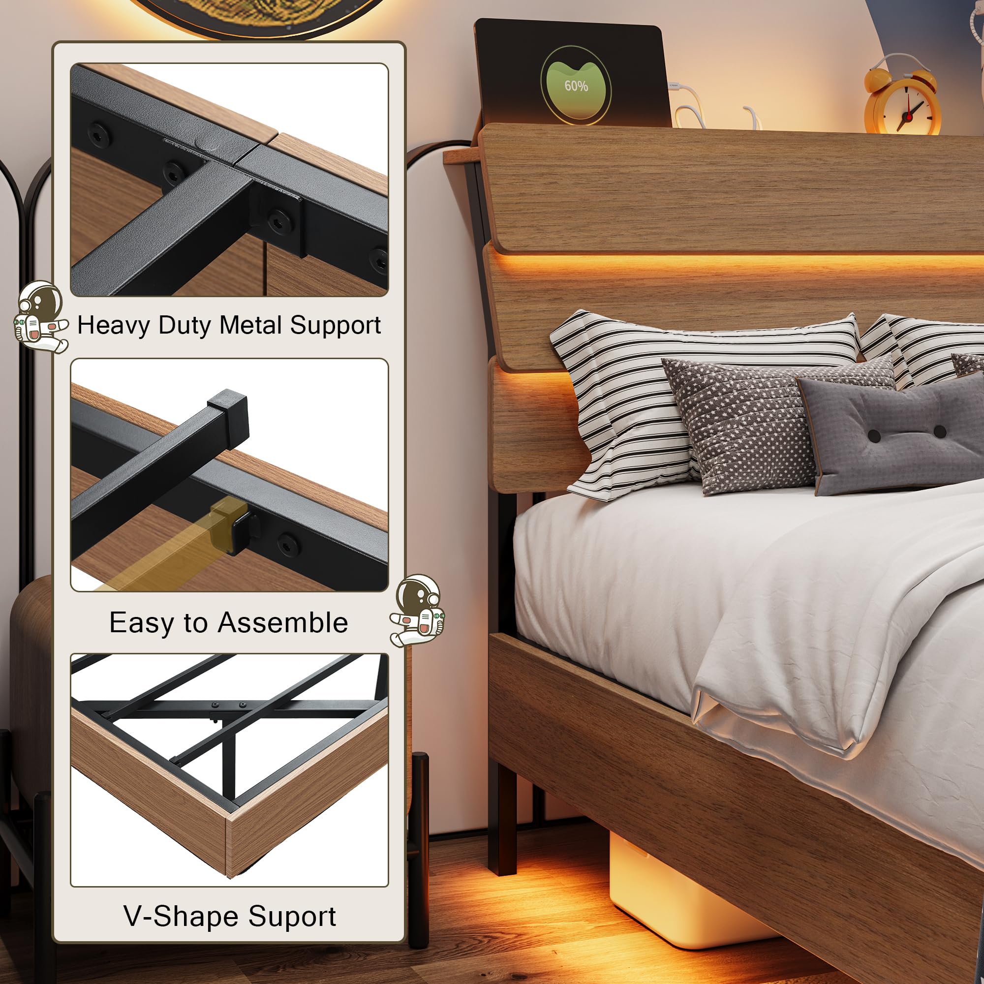 Bed Frame with Charging Station, Led Bed Frame with Wood Storage Headboard