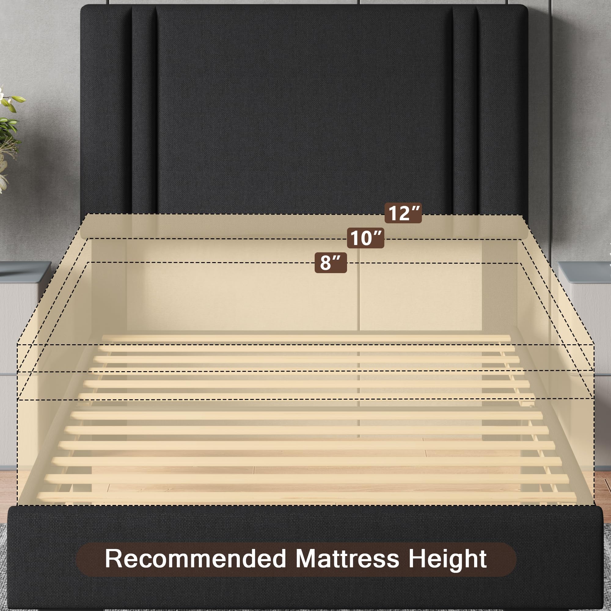 Upholstered Twin Size Bed Frame with Linen Fabric Headboard