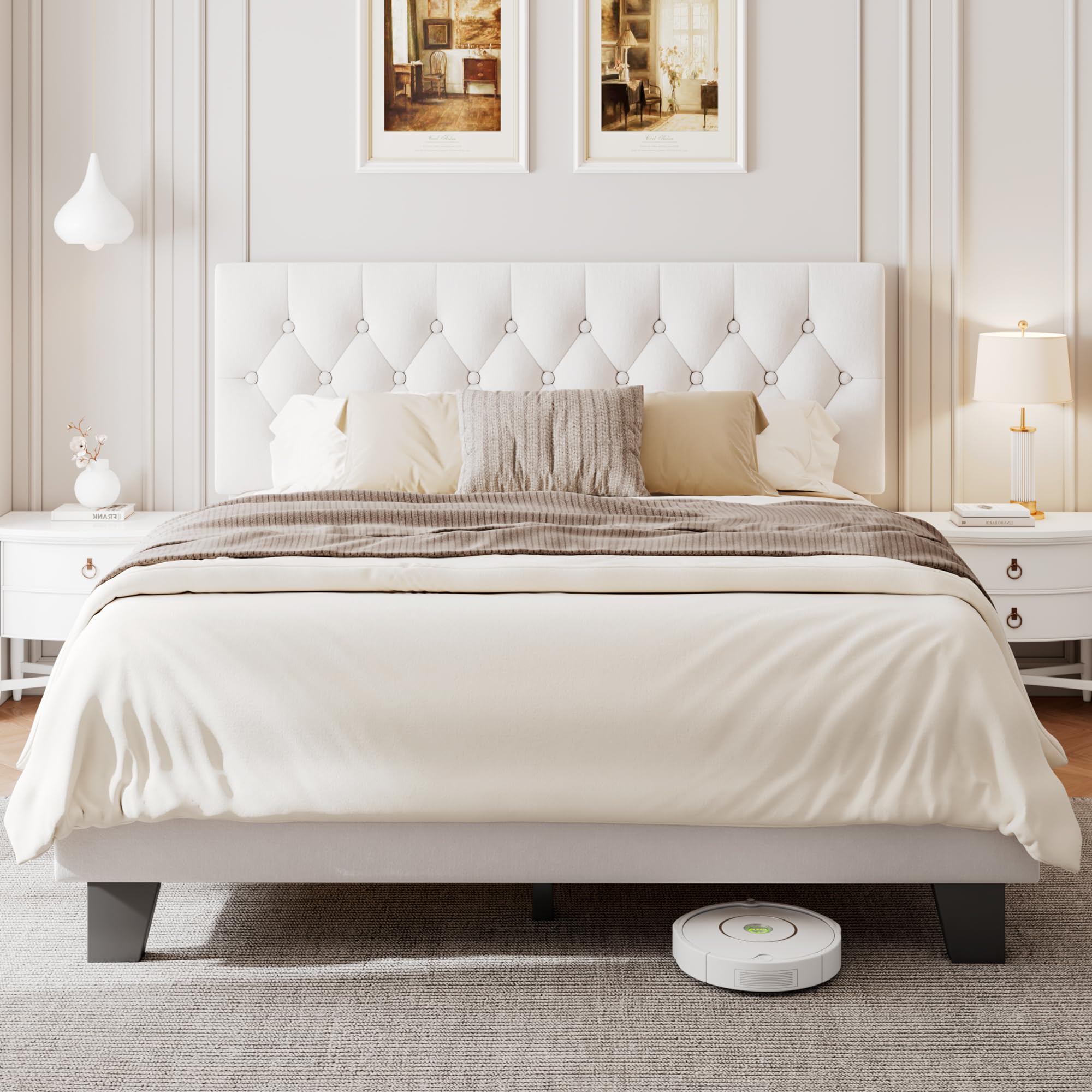 Velvet Bed Frame with Headboard, Button Tufted Upholstered Bed Base