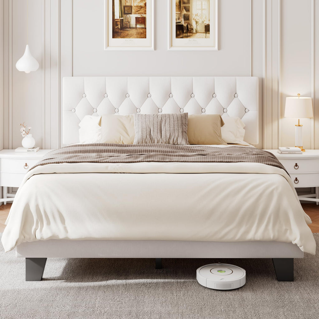 Velvet Bed Frame with Headboard, Button Tufted Upholstered Bed Base