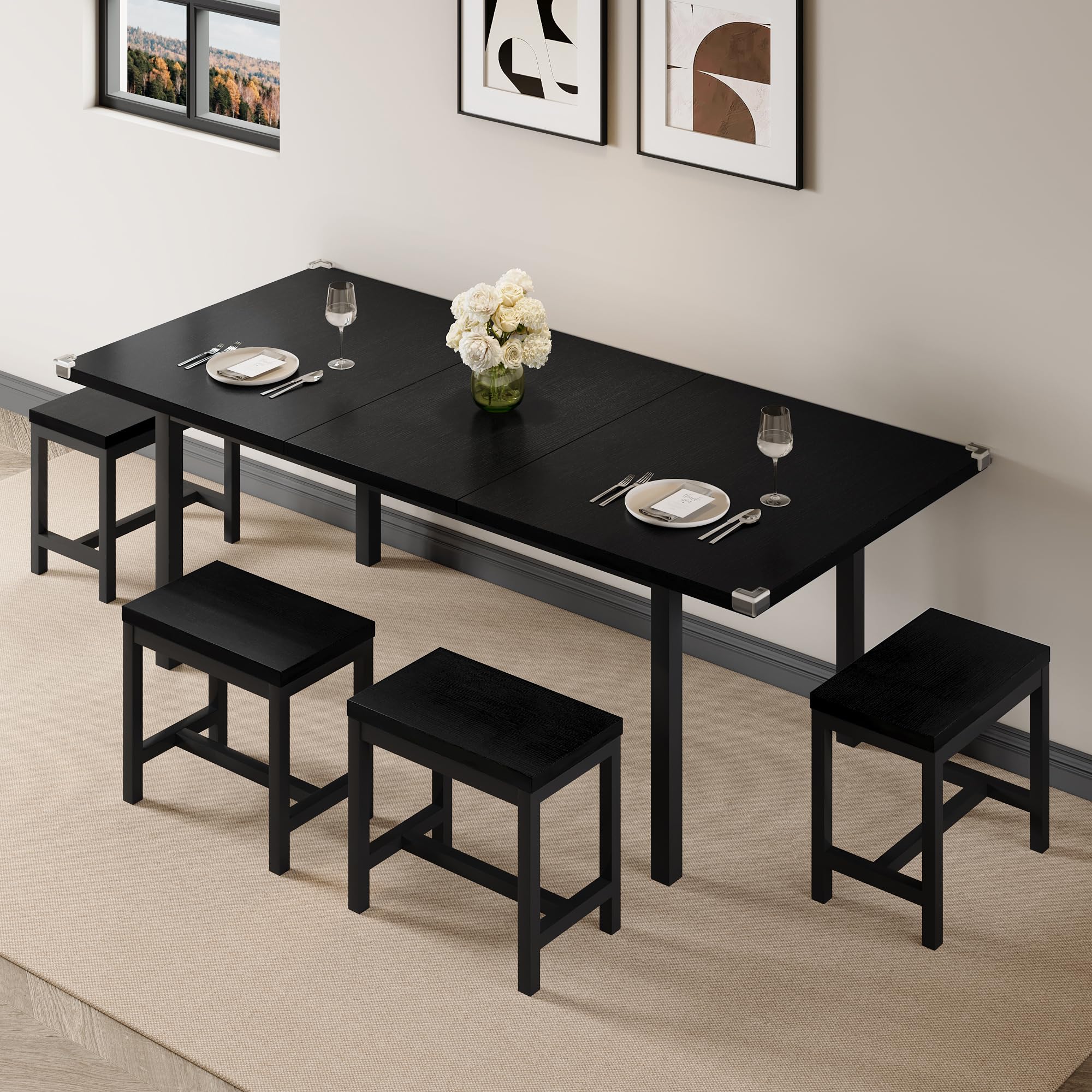 iPormis 7-Piece 63" Extendable Dining Table Set for 4-8 People, Mid-Century