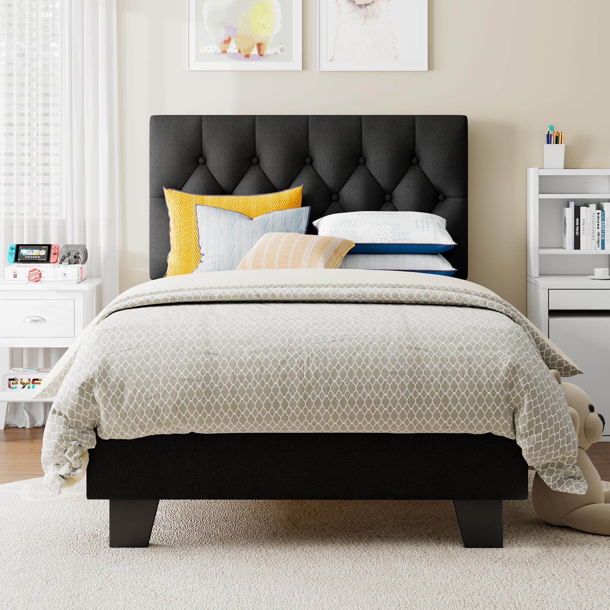 Velvet Bed Frame with Headboard, Button Tufted Upholstered Bed Base