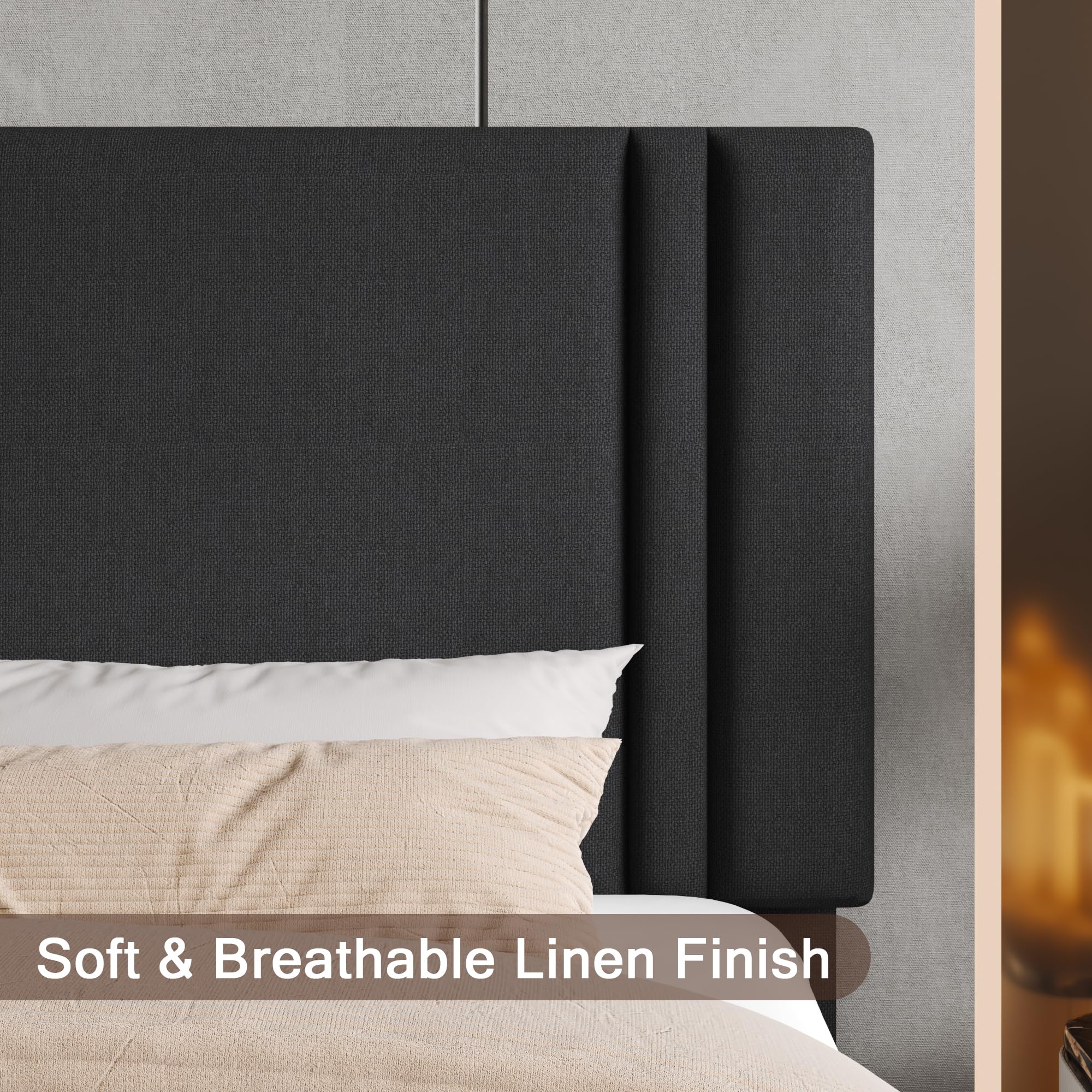 Upholstered Twin Size Bed Frame with Linen Fabric Headboard