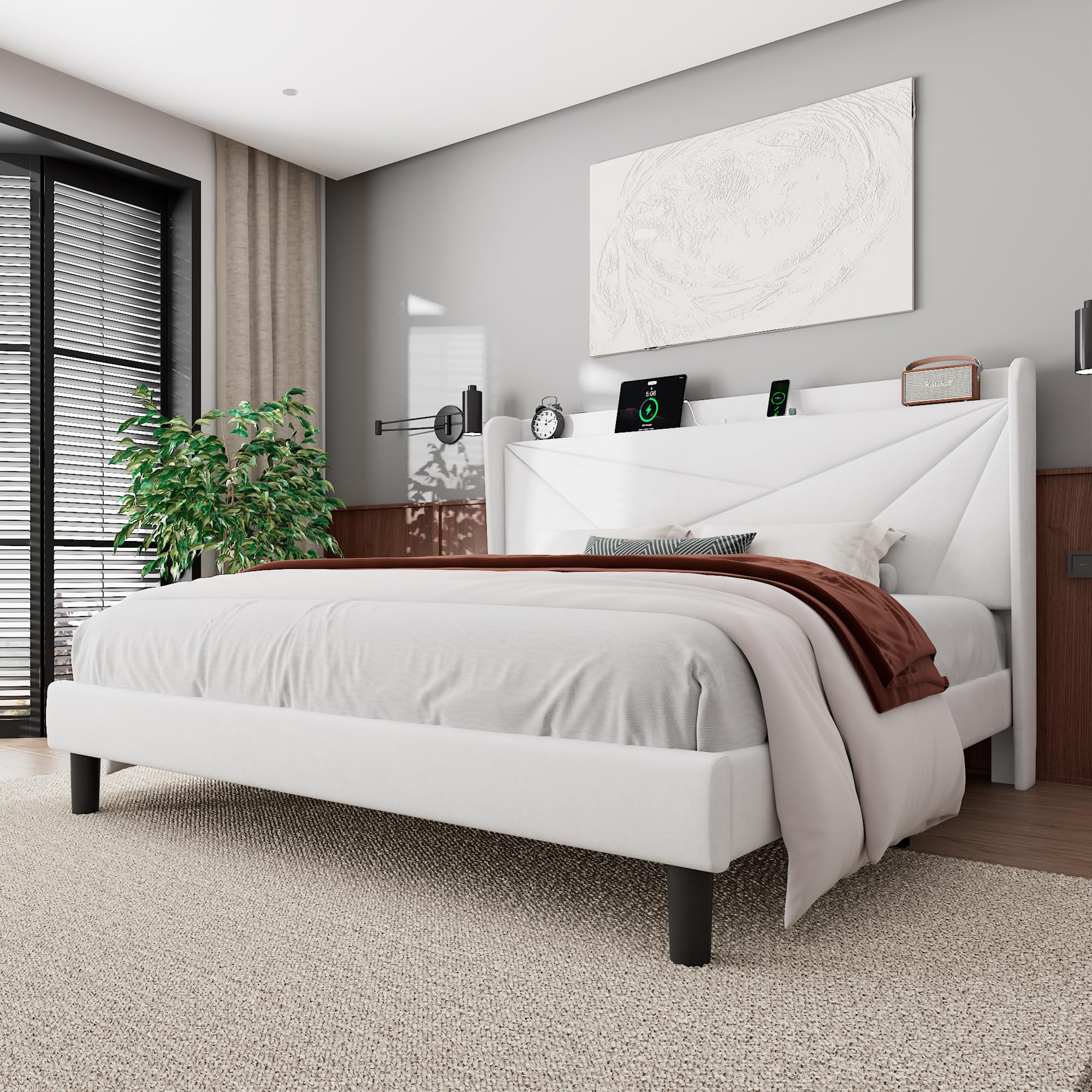 Feonase King Size Bed Frame, Modern Bed Frame with Charging Station