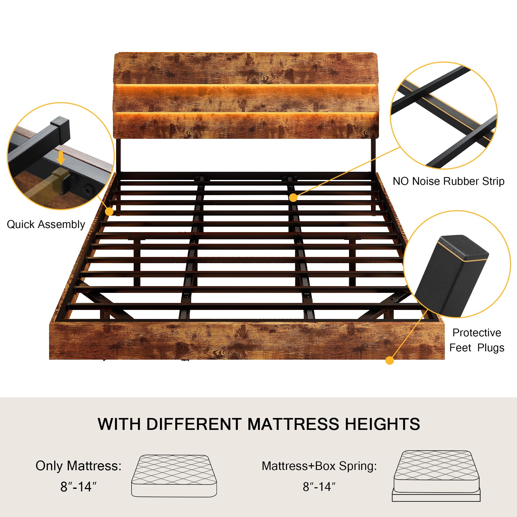 Bed Frame with Charging Station, Led Bed Frame with Wood Storage Headboard