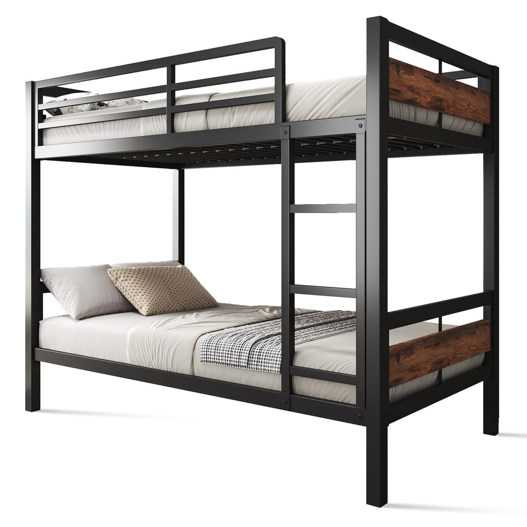 Feonase Metal Bunk Bed Twin Over Twin with Ladder and High Guardrail