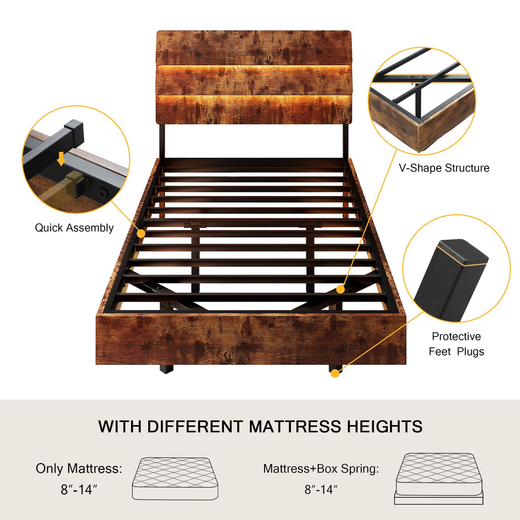 Bed Frame with Charging Station, Led Bed Frame with Wood Storage Headboard