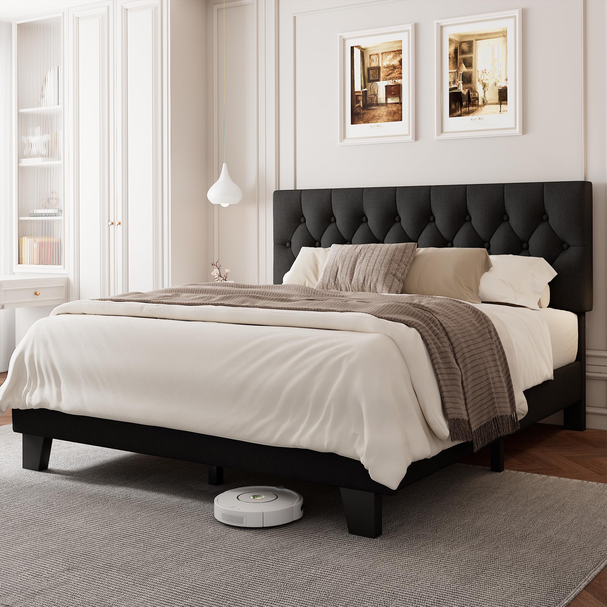 Velvet Bed Frame with Headboard, Button Tufted Upholstered Bed Base