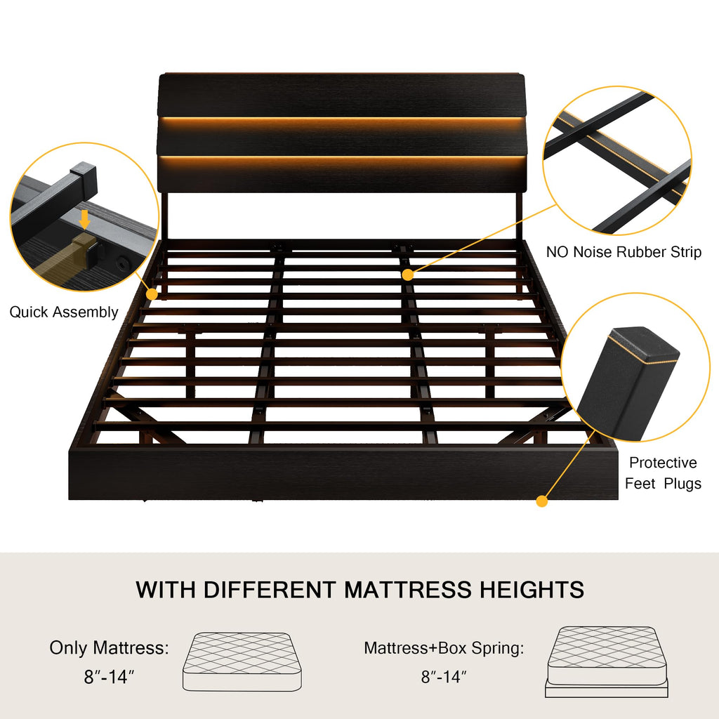 Bed Frame with Charging Station, Led Bed Frame with Wood Storage Headboard
