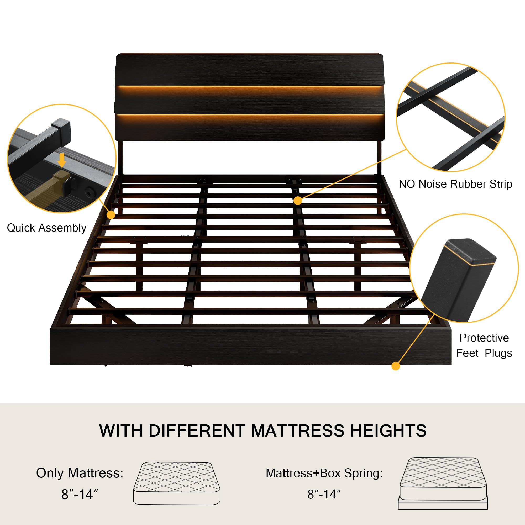 Bed Frame with Charging Station, Led Bed Frame with Wood Storage Headboard