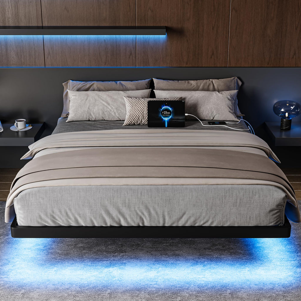 Feonase Floating Bed Frame with Charging Station and Led Lights