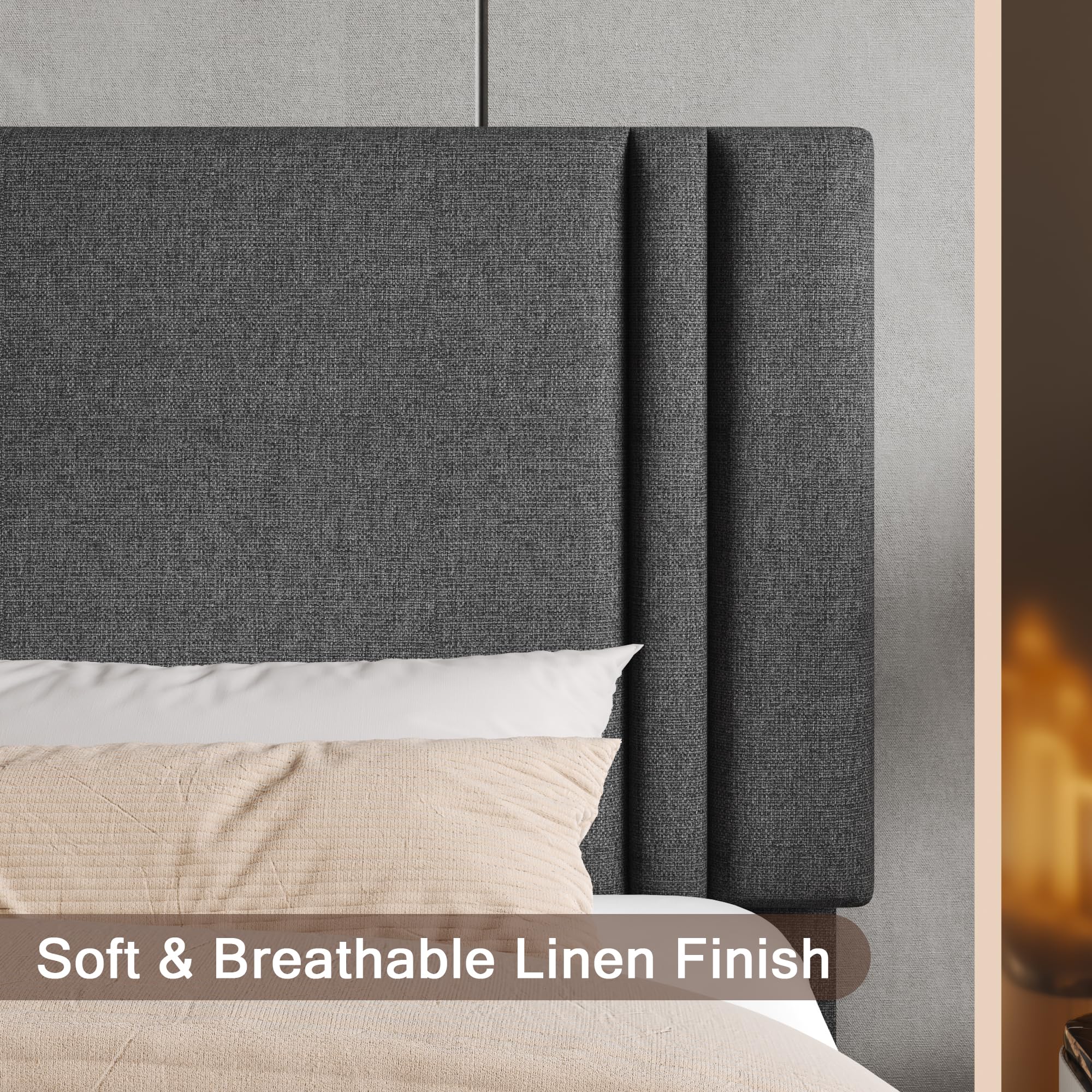 Upholstered Twin Size Bed Frame with Linen Fabric Headboard