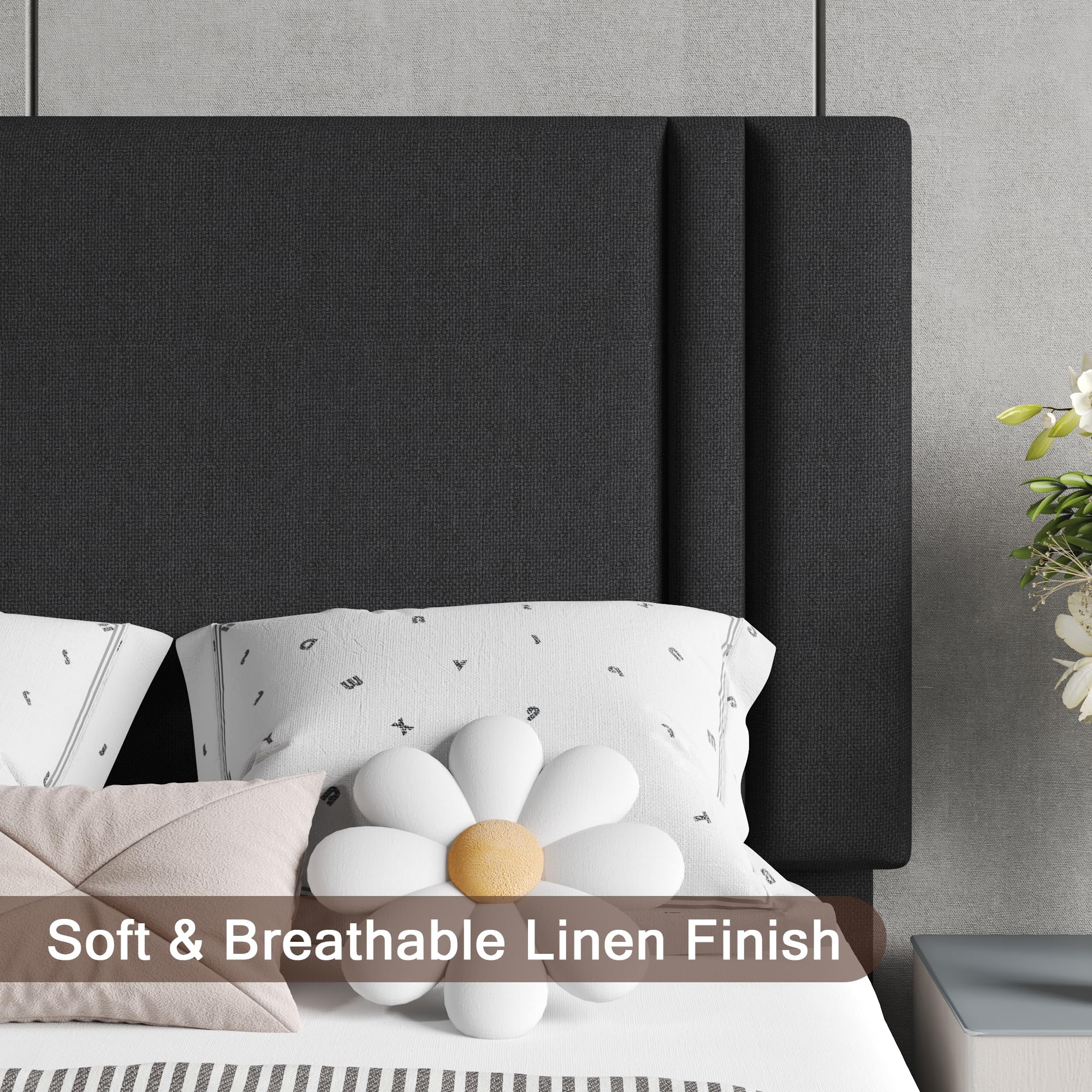 Upholstered Twin Size Bed Frame with Linen Fabric Headboard