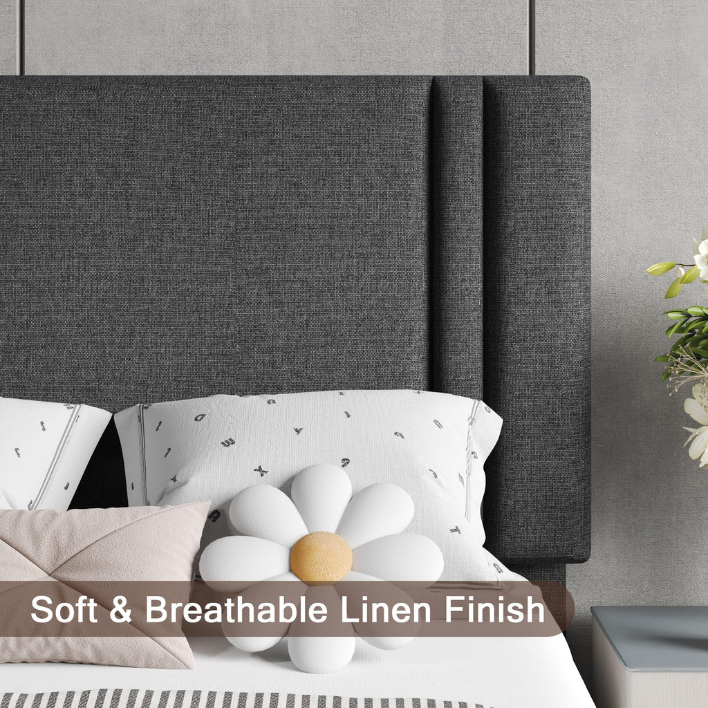 Upholstered Twin Size Bed Frame with Linen Fabric Headboard