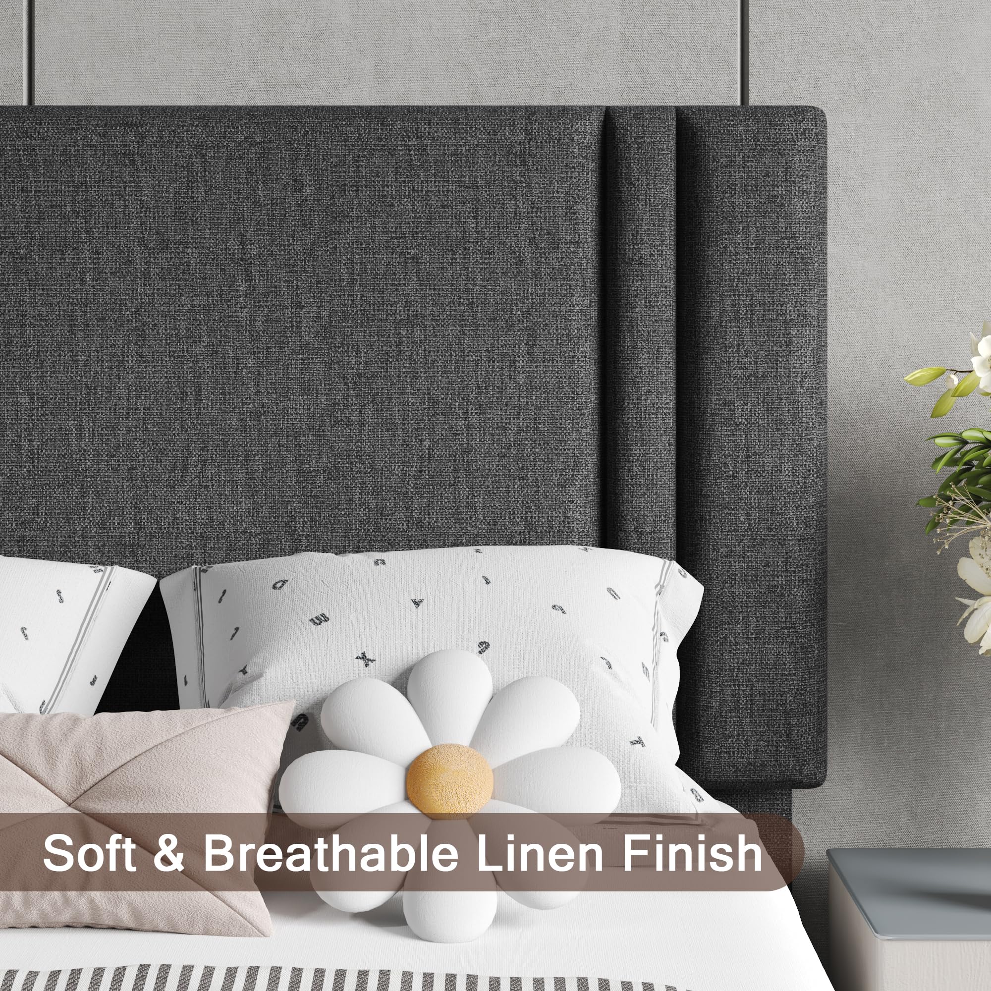 Upholstered Twin Size Bed Frame with Linen Fabric Headboard