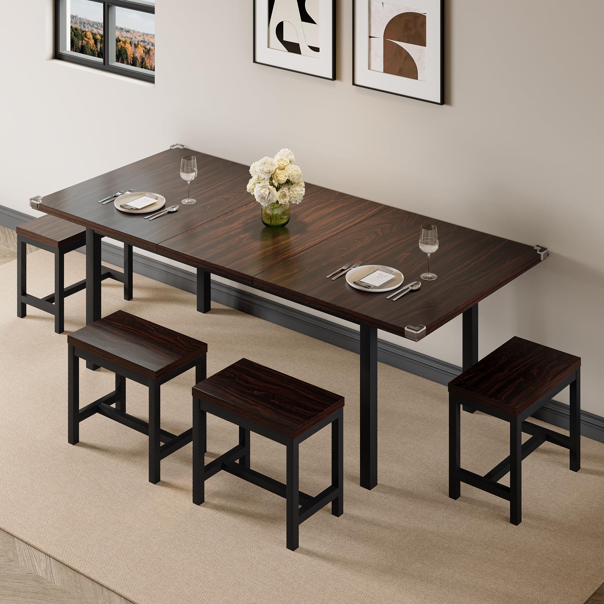 iPormis 7-Piece 63" Extendable Dining Table Set for 4-8 People, Mid-Century