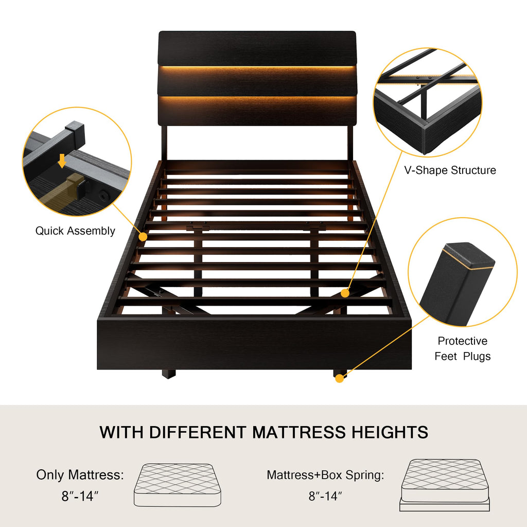 Bed Frame with Charging Station, Led Bed Frame with Wood Storage Headboard