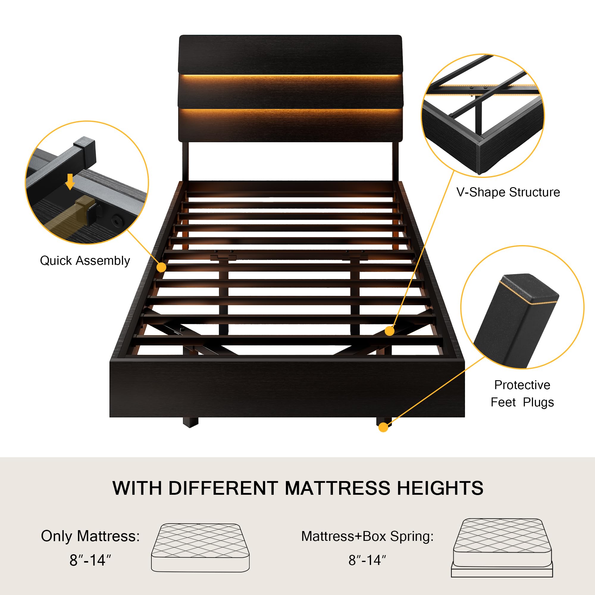 Bed Frame with Charging Station, Led Bed Frame with Wood Storage Headboard
