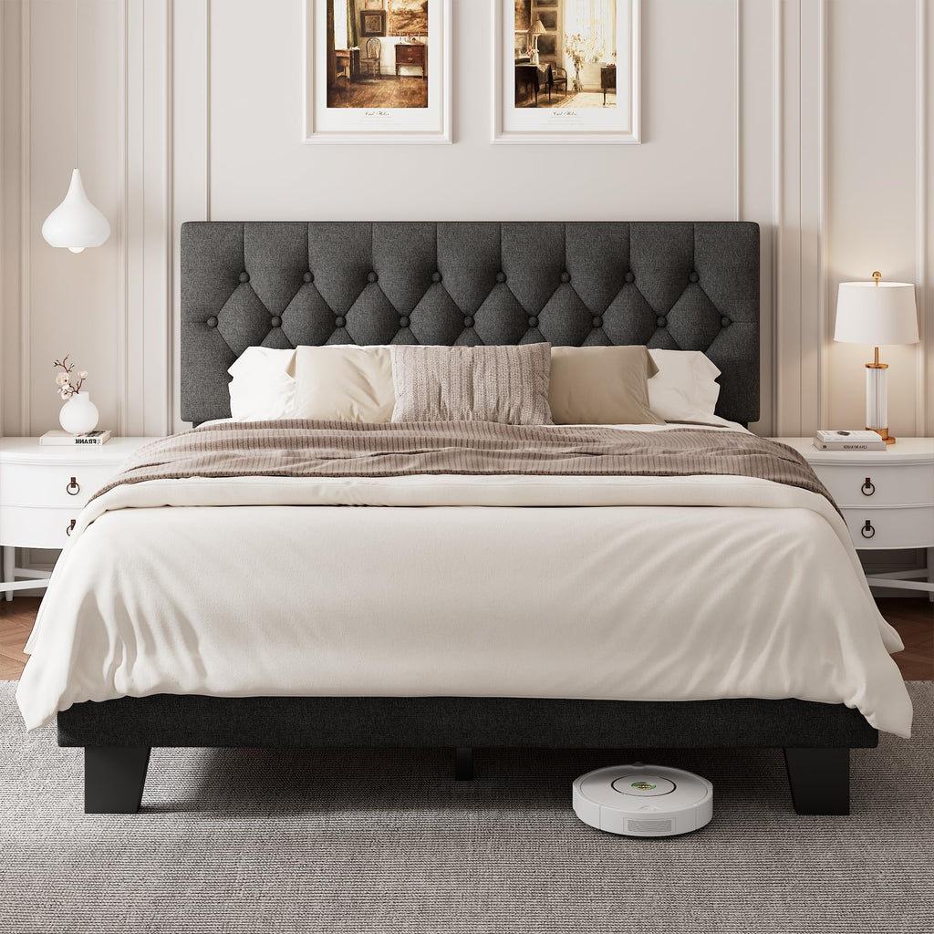 Velvet Bed Frame with Headboard, Button Tufted Upholstered Bed Base