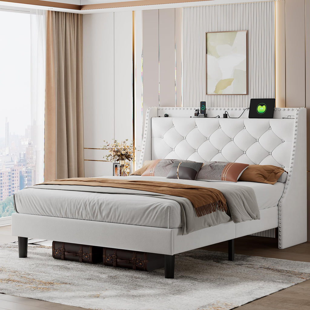 iPormis Full Bed Frame with Upholstered Wingback Button Tufted Storage Headboard
