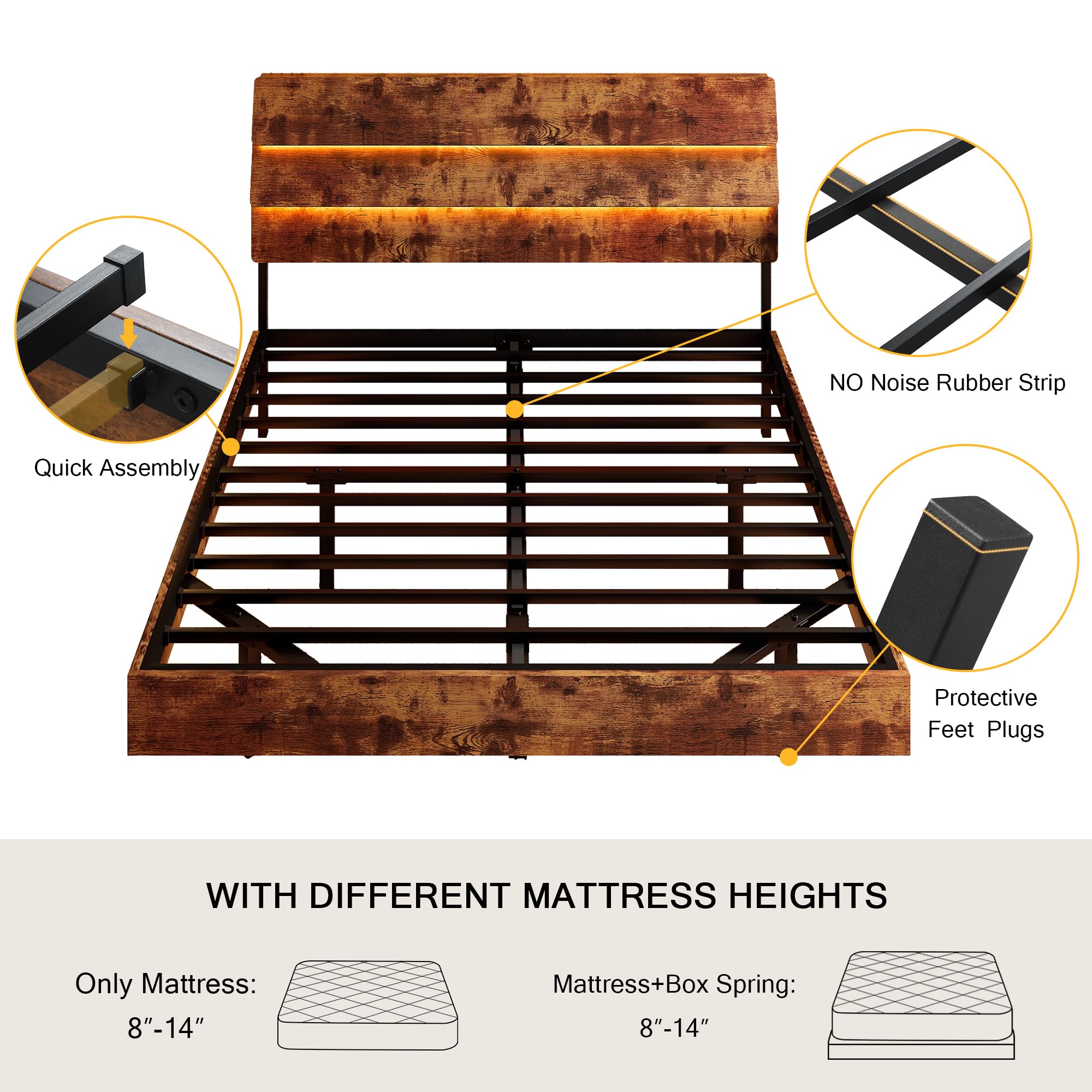 Bed Frame with Charging Station, Led Bed Frame with Wood Storage Headboard
