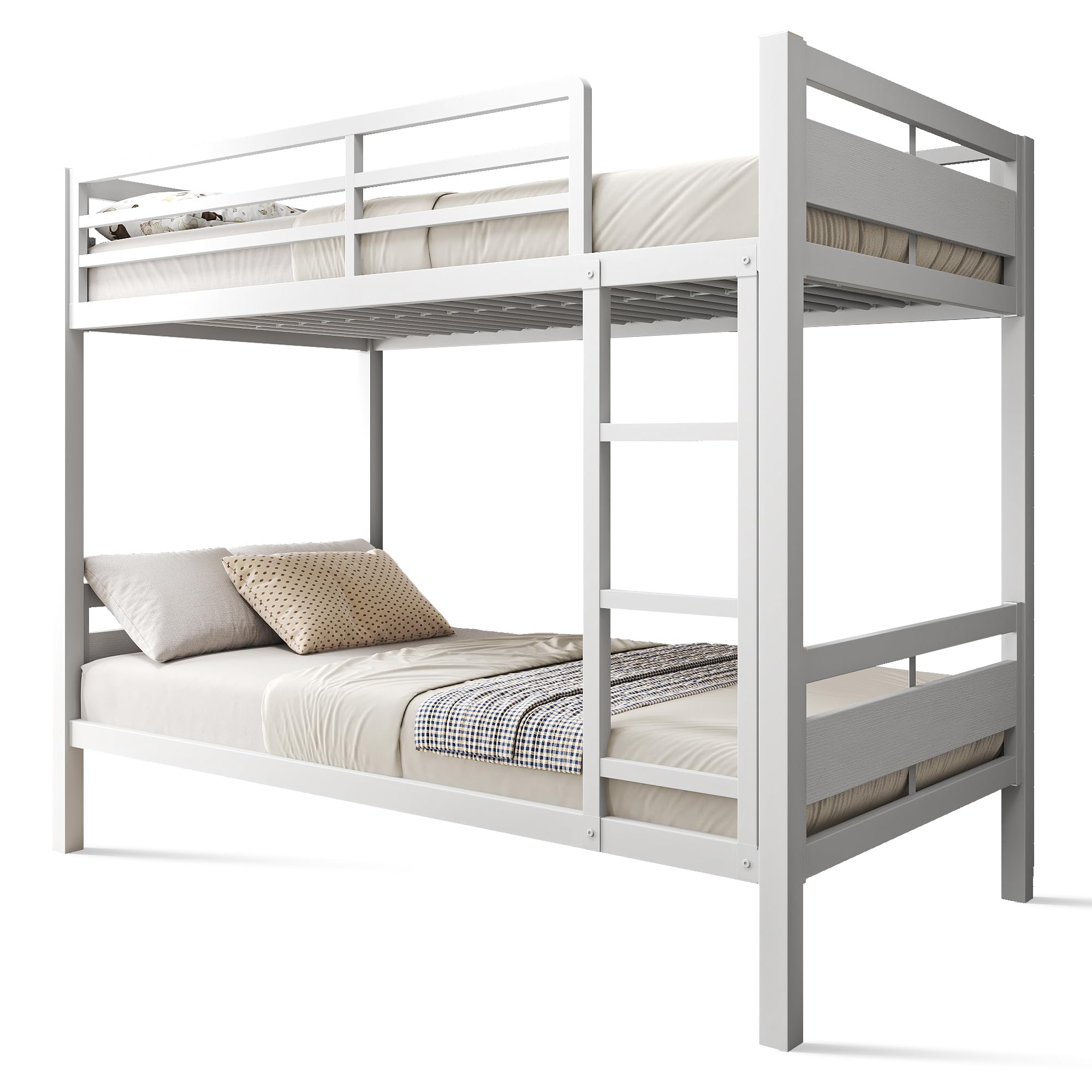 Feonase Metal Bunk Bed Twin Over Twin with Ladder and High Guardrail