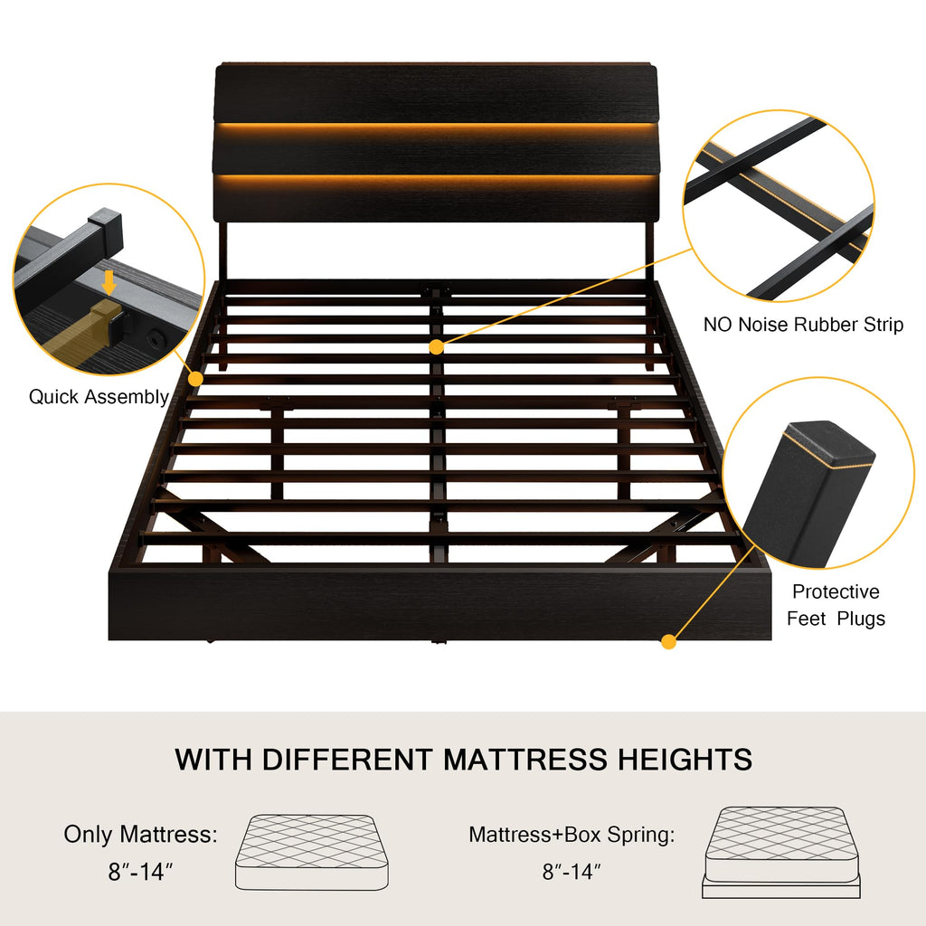 Bed Frame with Charging Station, Led Bed Frame with Wood Storage Headboard