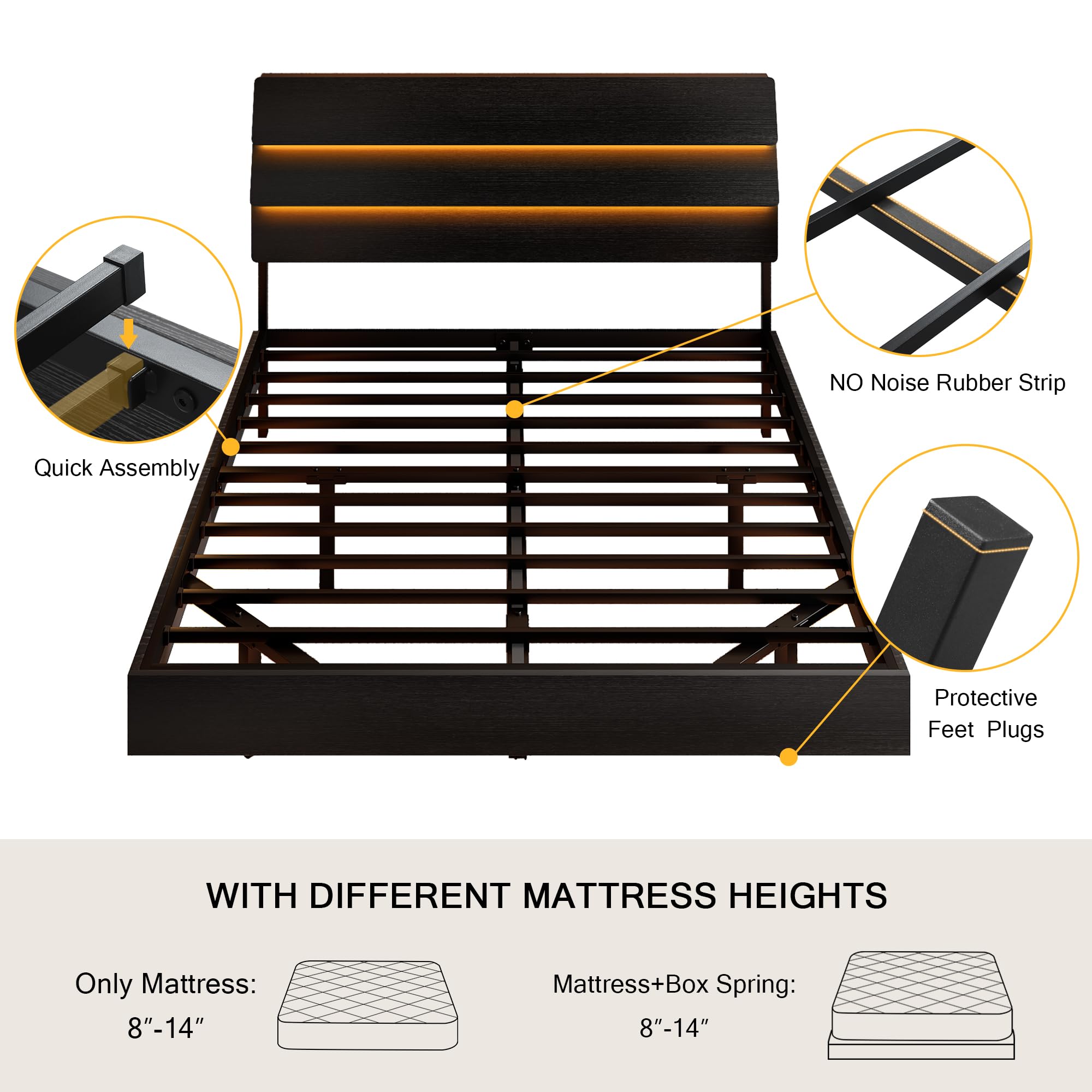 Bed Frame with Charging Station, Led Bed Frame with Wood Storage Headboard